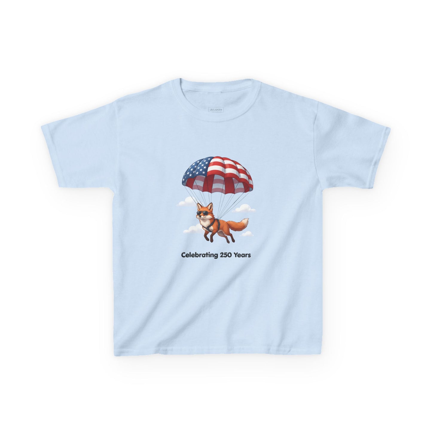 Kids Tee — Patriotic Fox with Parachute - “Celebrating 250 Years”