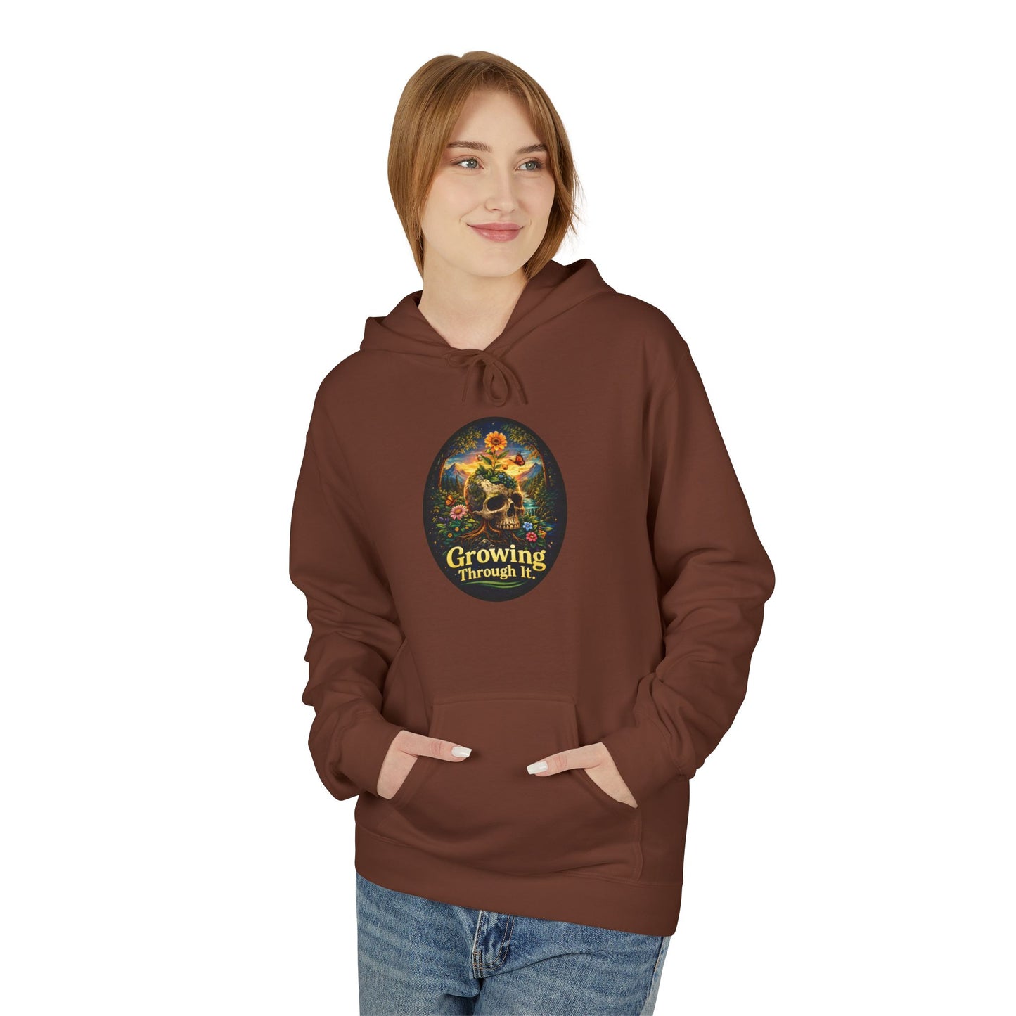 Growing Through It Hoodie – Earth Day Nature Skull Sweatshirt | Mental Growth & Healing Hoodie | Botanical Aesthetic Unisex Hoodie