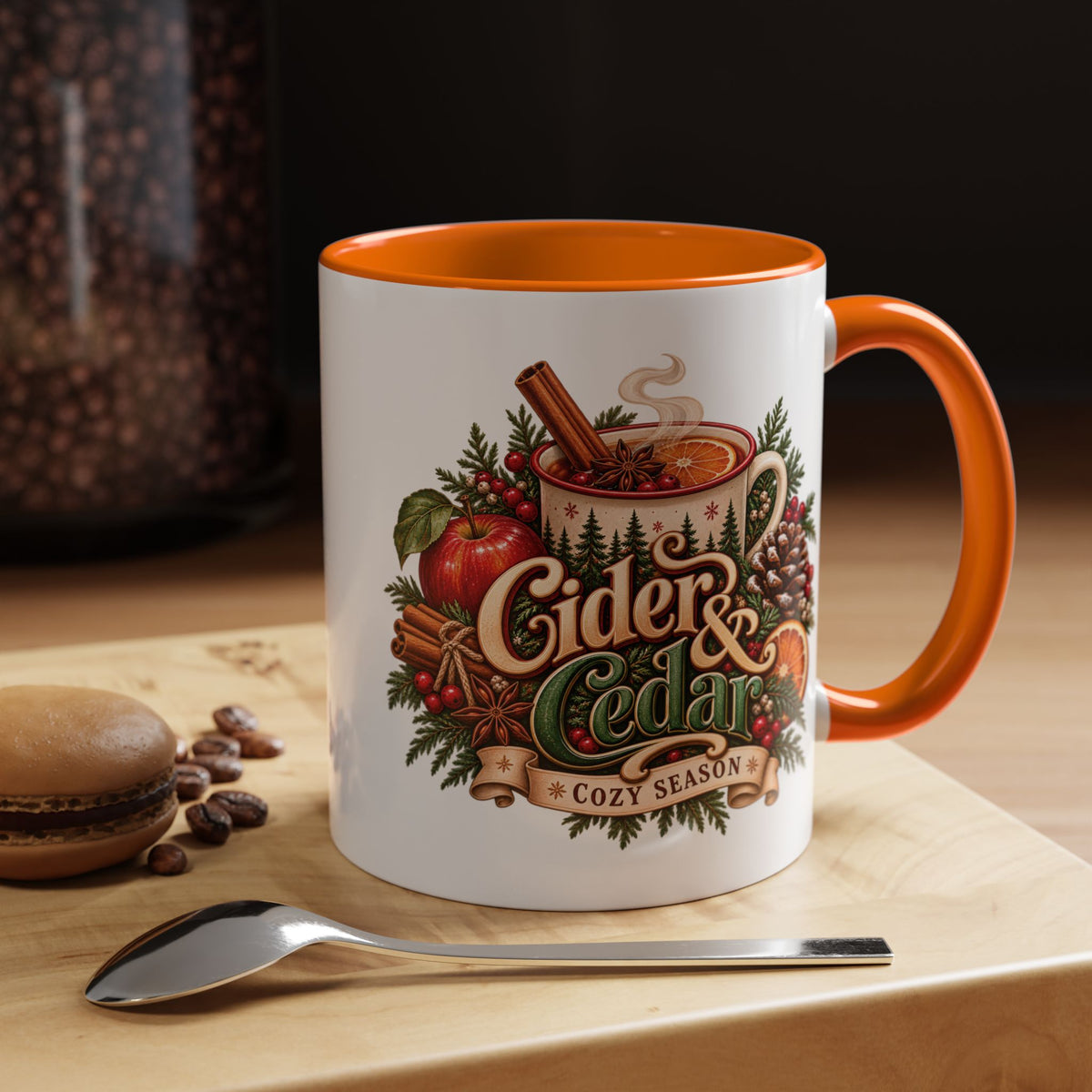 Cider & Cedar Accent Coffee Mug — Cozy Fall Hot Drink Gift (11 oz)