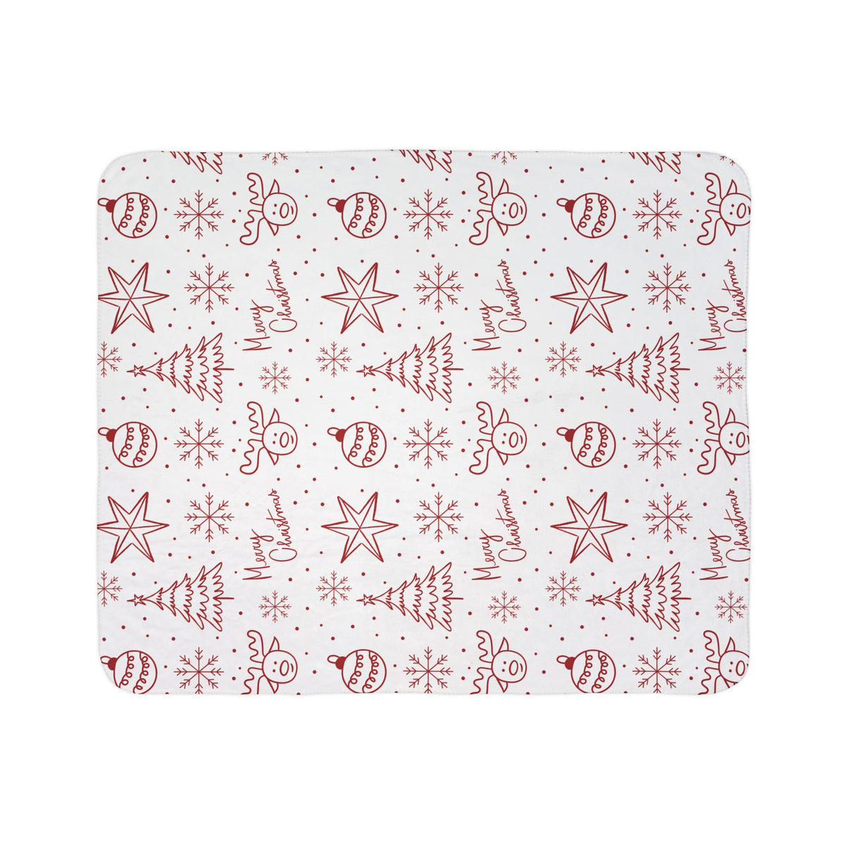 Christmas Fleece Sherpa Blanket - Red Doodle Trees, Reindeer & "Merry Christmas" Pattern
