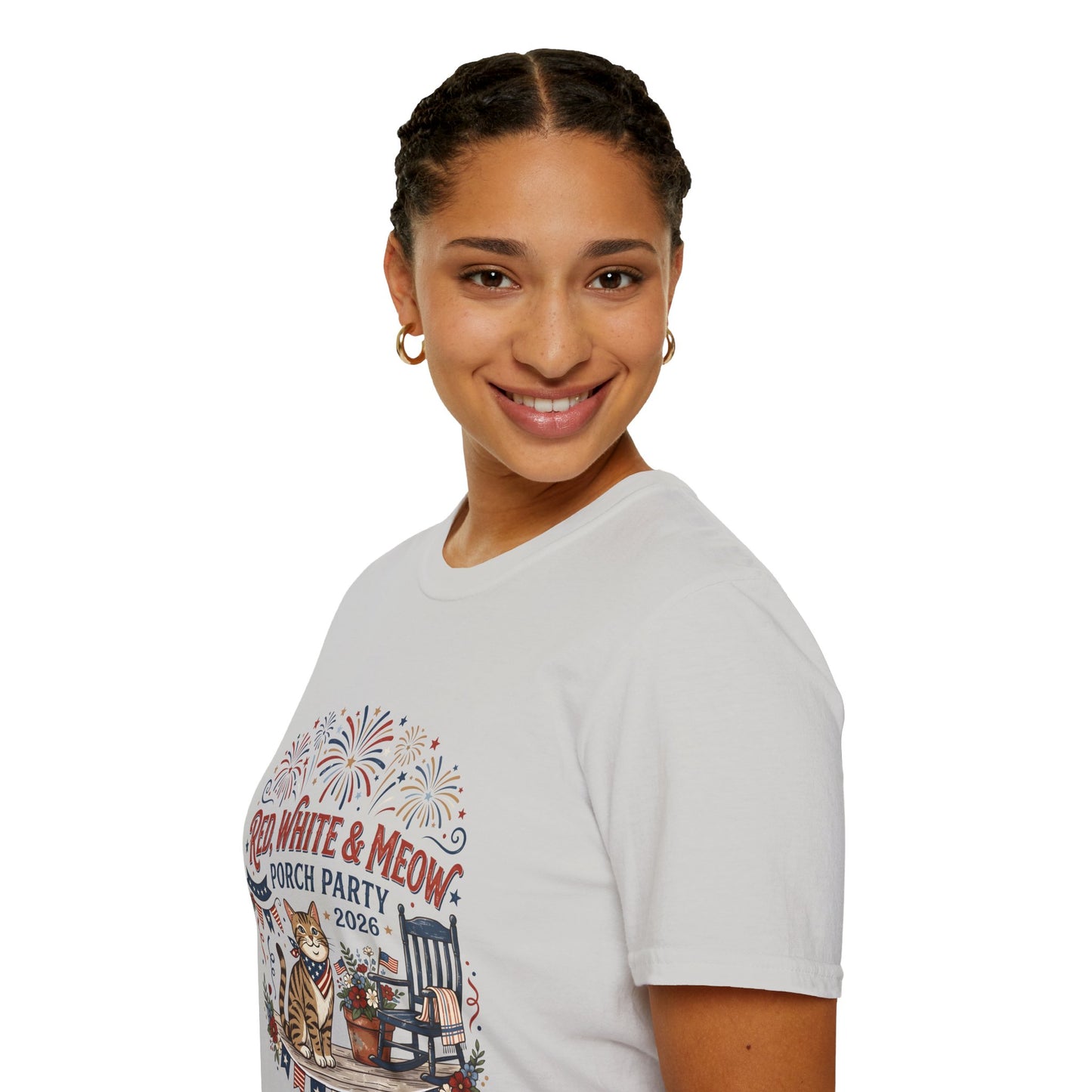 Red, White & Meow Porch Party T-Shirt — 2026 Patriotic Cat Tee, 4th of July Shirt, Independence Day Gift