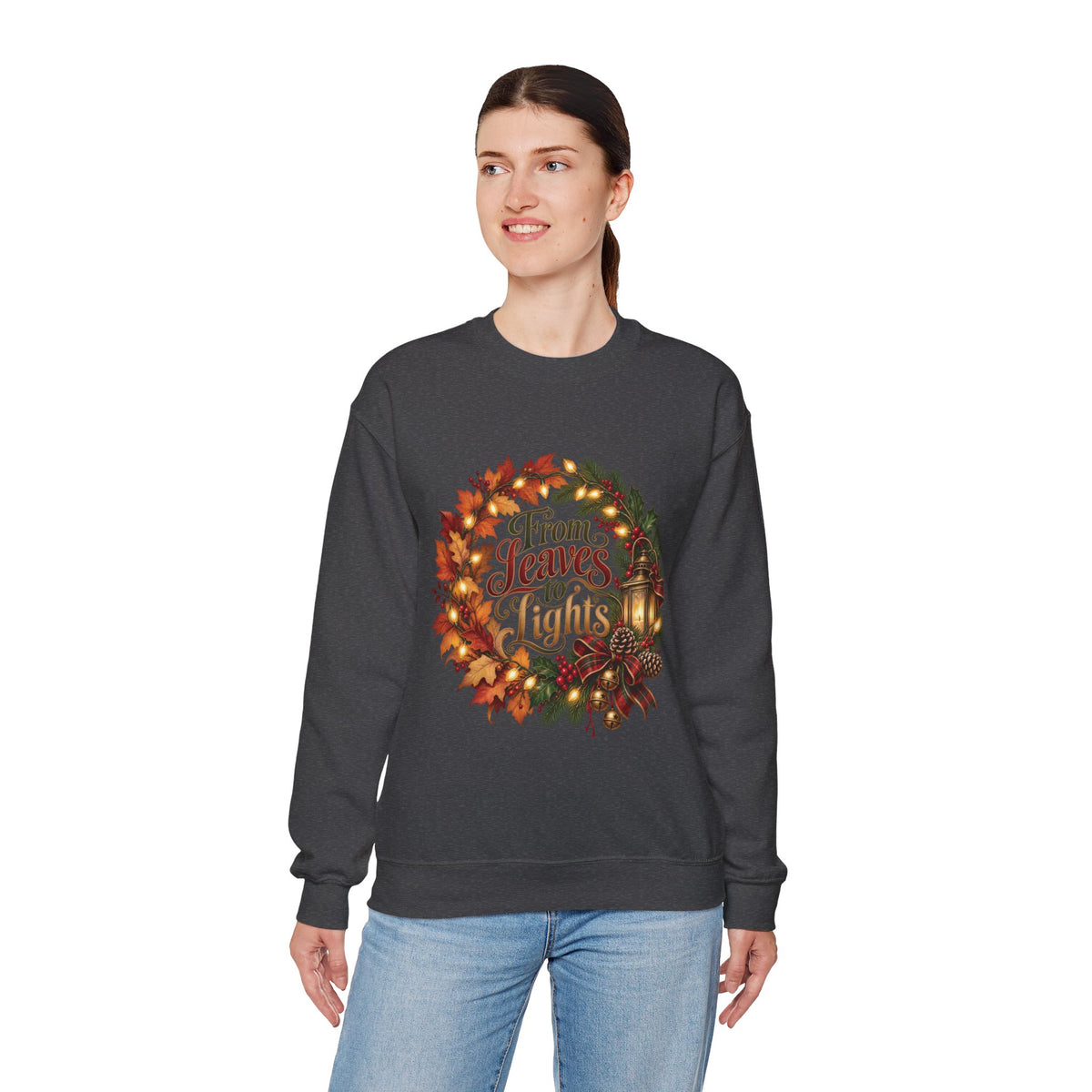 Christmas Crewneck Sweatshirt — "From Leaves to Lights" Autumn to Holiday Wreath Design