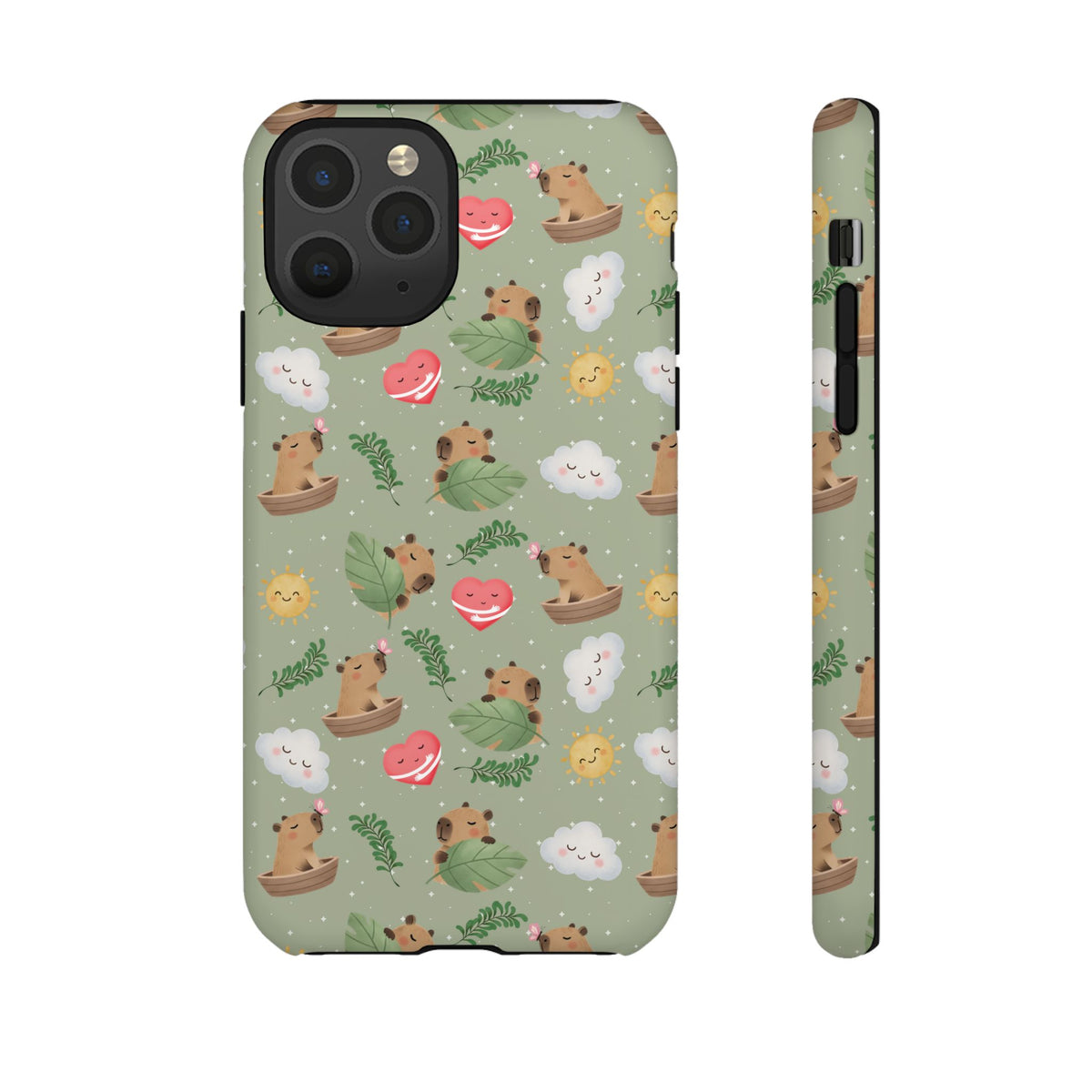 Cute Capybara Pattern Phone Case — Green Botanical Tough Case