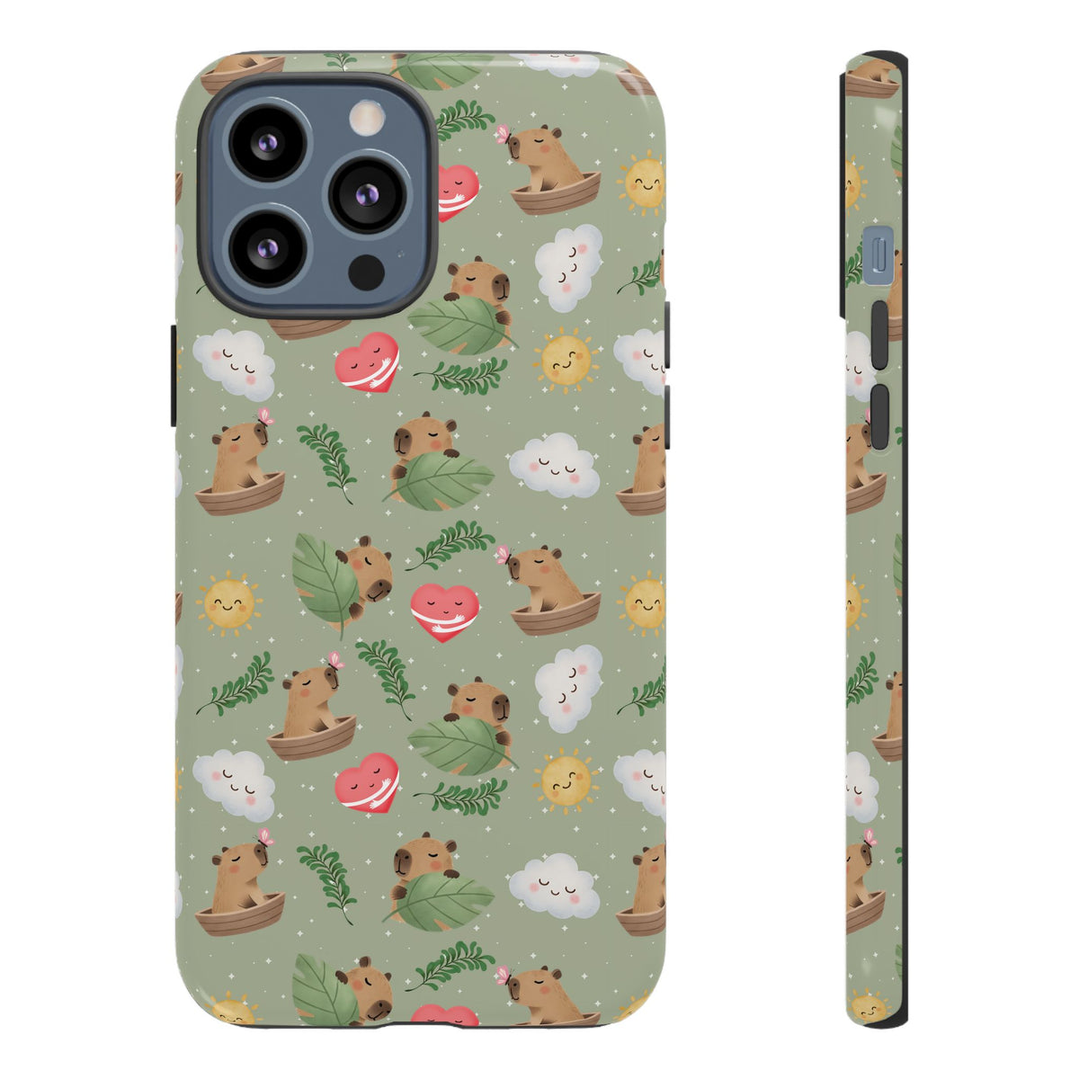 Cute Capybara Pattern Phone Case — Green Botanical Tough Case
