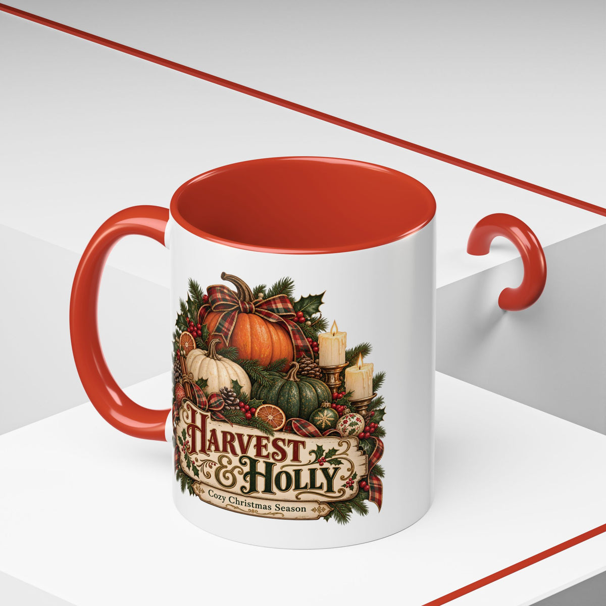 Harvest & Holly Accent Coffee Mug - Vintage Christmas Holiday Mug (11 oz)