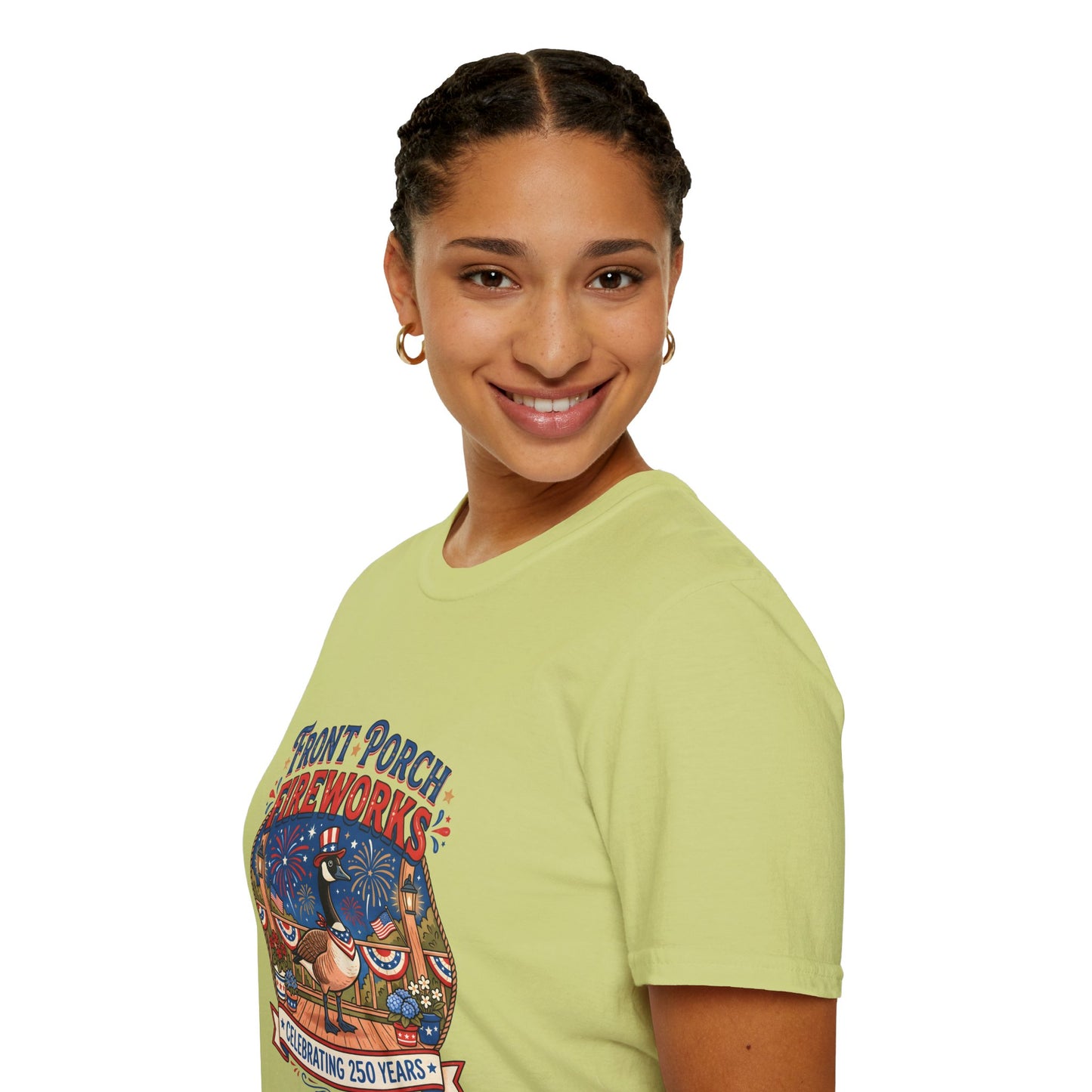 Front Porch Fireworks, Goose T-Shirt — Patriotic 4th of July Celebration Tee