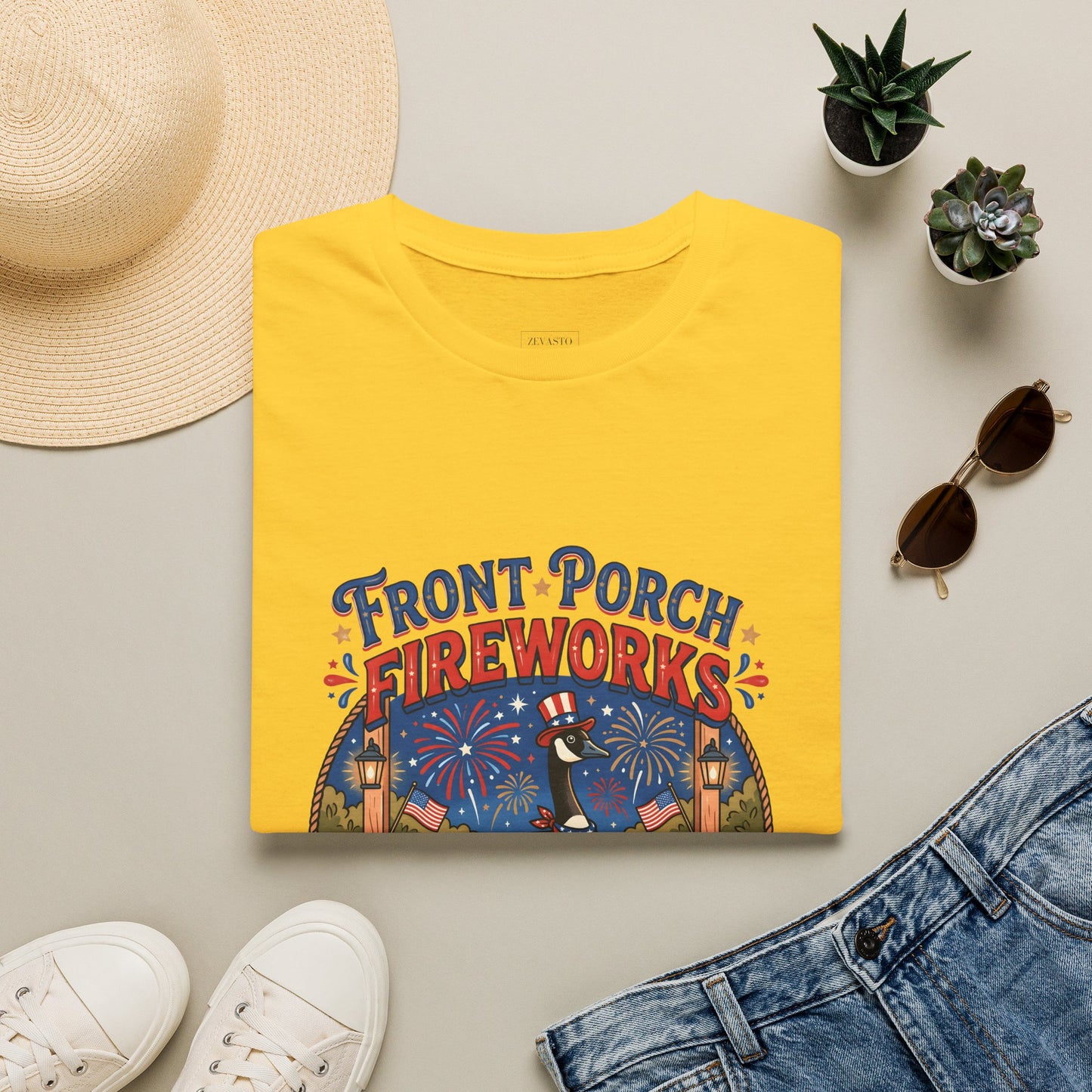 Front Porch Fireworks, Goose T-Shirt — Patriotic 4th of July Celebration Tee