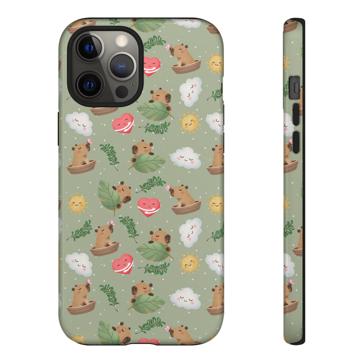 Cute Capybara Pattern Phone Case — Green Botanical Tough Case