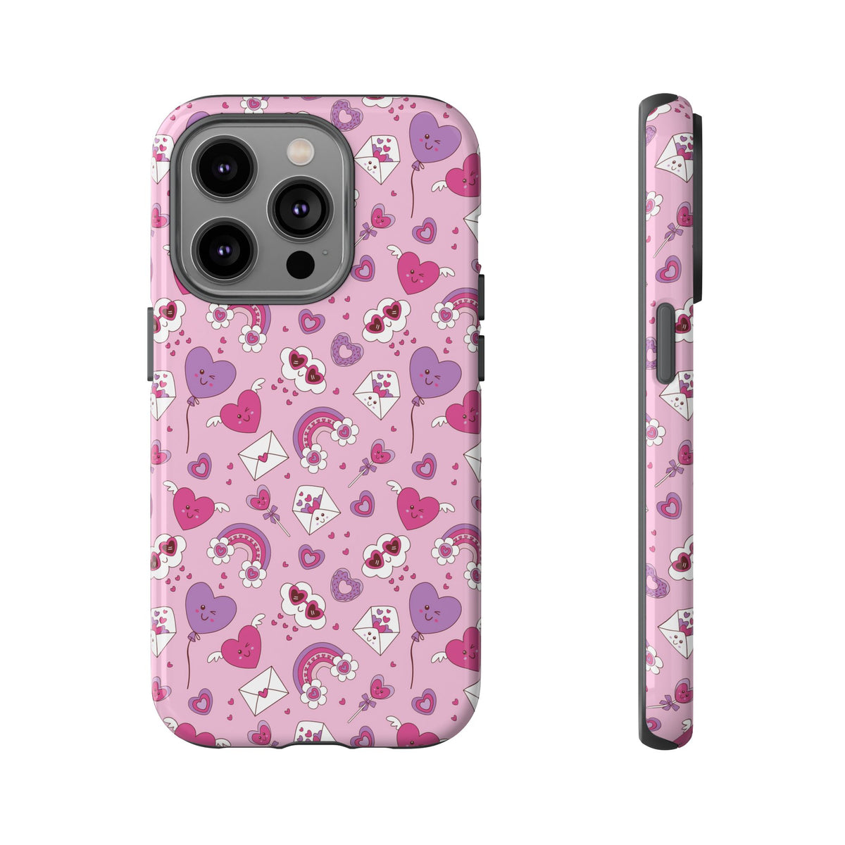 Pink Valentine Phone Case – Cute Hearts, Envelopes & Rainbows Protective Cover