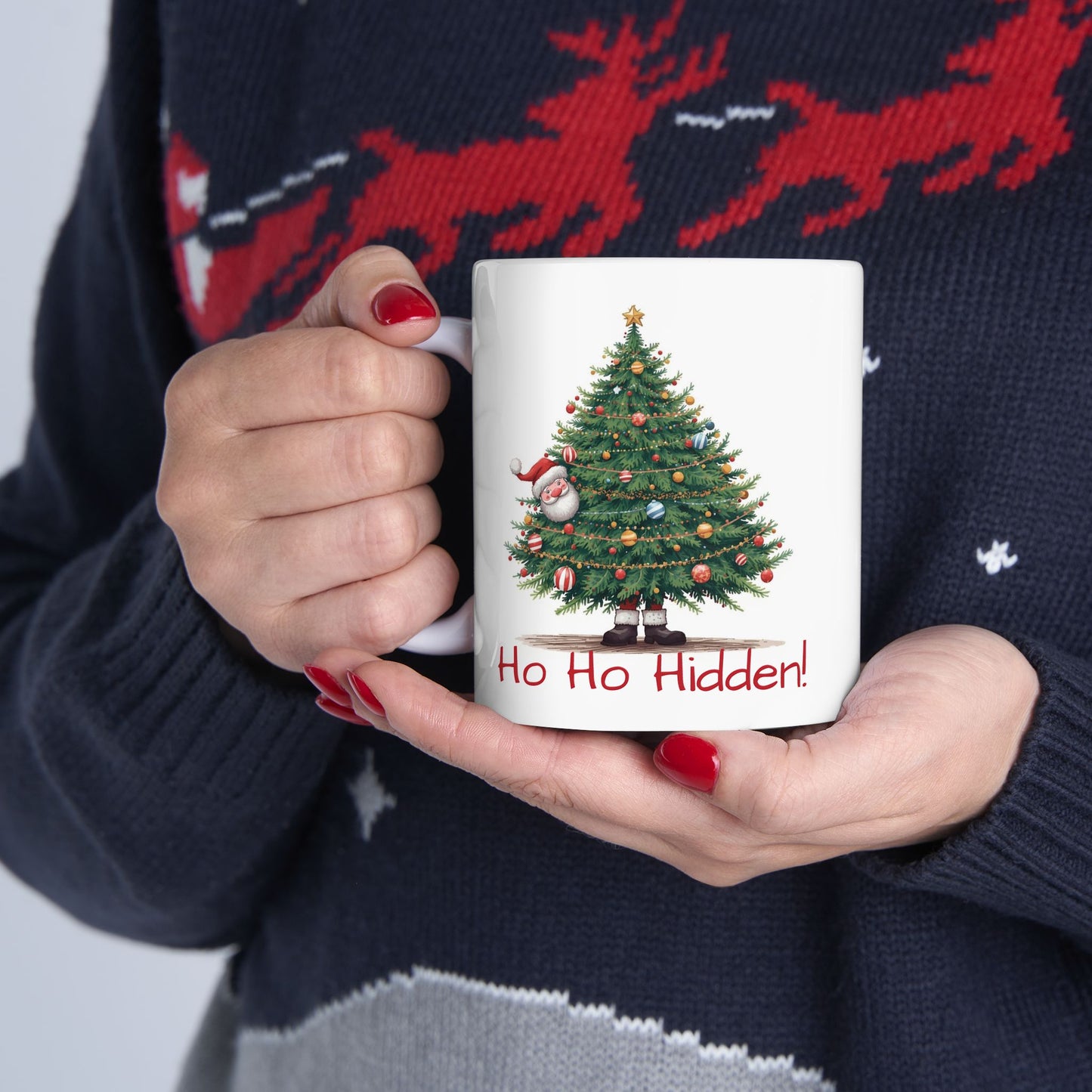 Christmas Tree Ceramic Mug - "Ho Ho Hidden!" Holiday Coffee Cup
