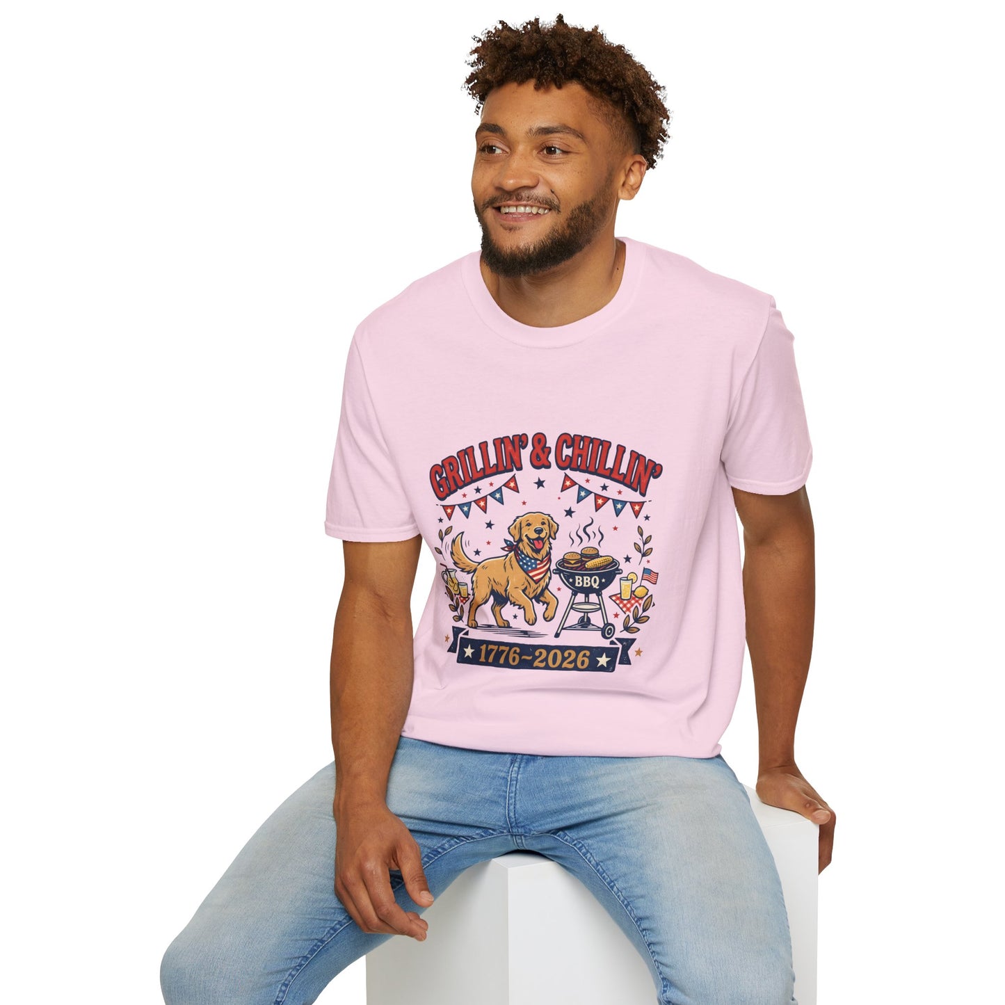 Grillin' & Chillin' BBQ Dog T-Shirt — 1776-2026 Patriotic Summer Tee, 4th of July Shirt, Independence Day Tee
