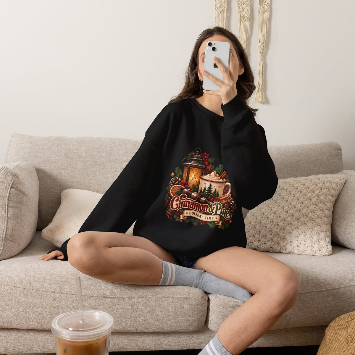 Cinnamon & Pine Crewneck Sweatshirt — Cozy Holiday Lantern Design Sweatshirt