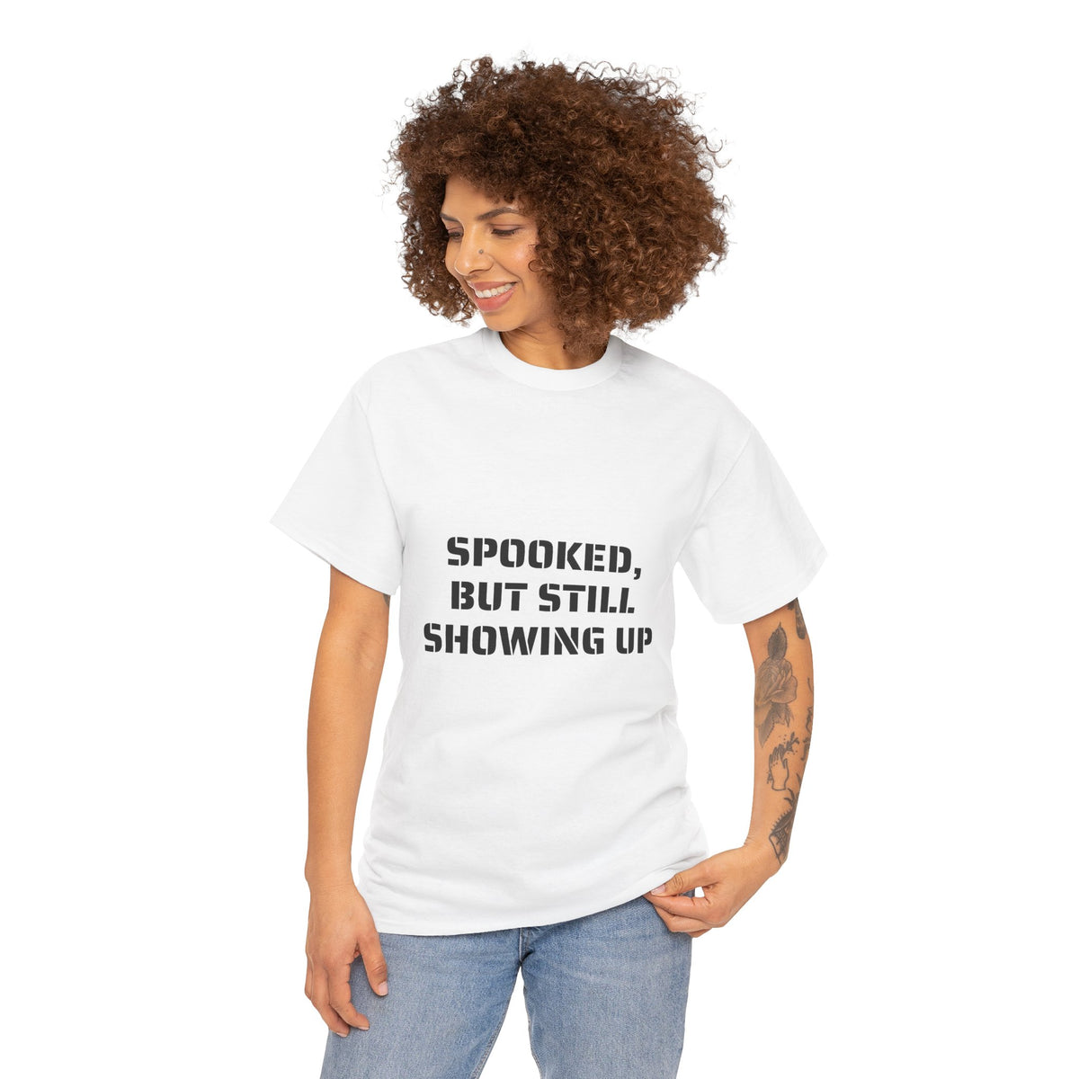 Spooked, But Still Showing Up Unisex Heavy Cotton Tee | Halloween, Funny T-Shirt