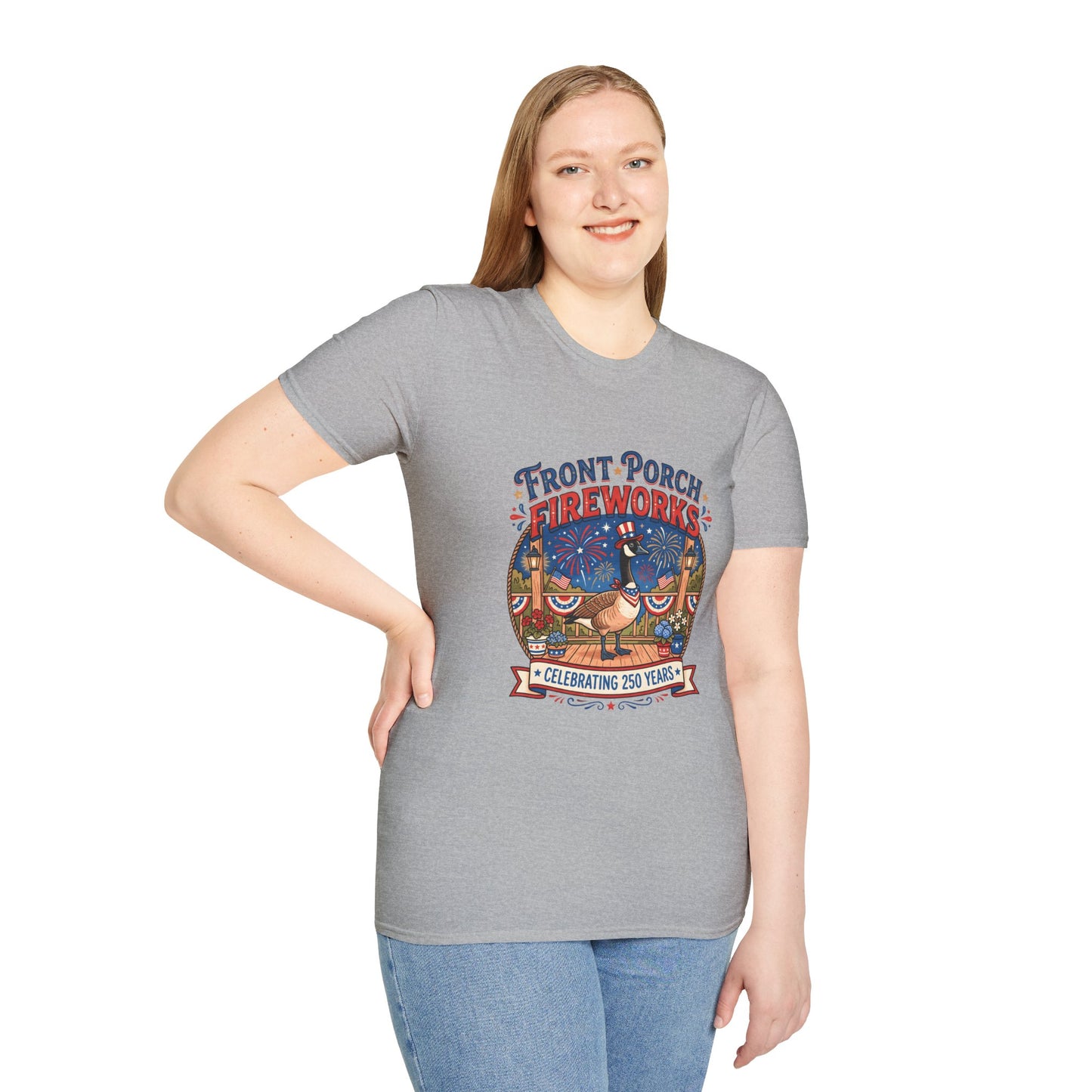Front Porch Fireworks, Goose T-Shirt — Patriotic 4th of July Celebration Tee