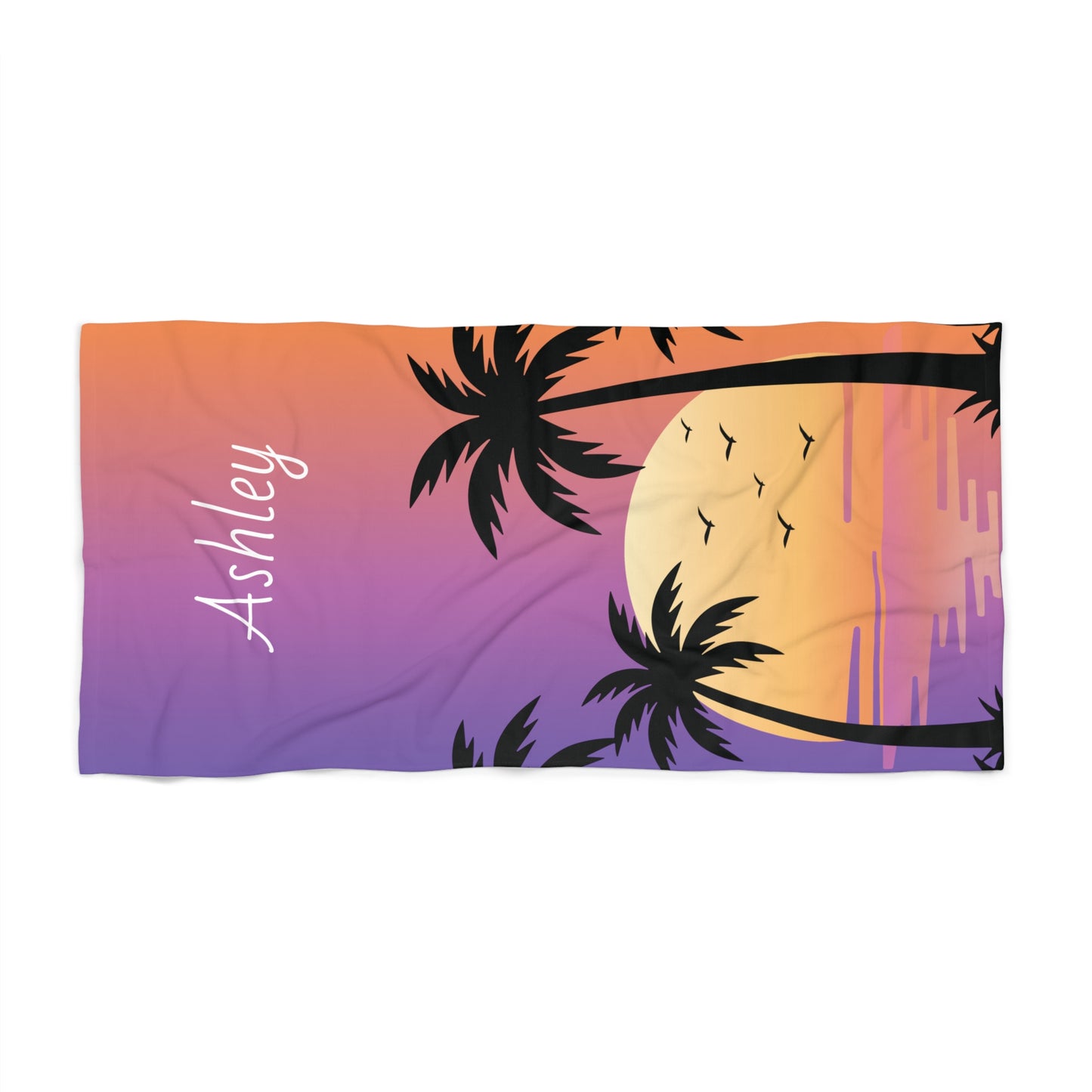 Personalized Sunset Palm Beach Towel — Custom Name Beach Towel