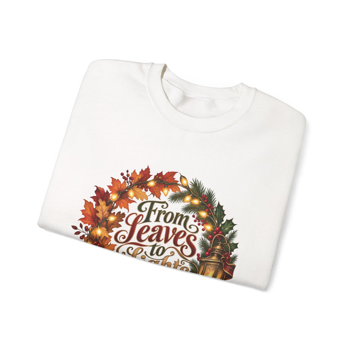 Christmas Crewneck Sweatshirt — "From Leaves to Lights" Autumn to Holiday Wreath Design