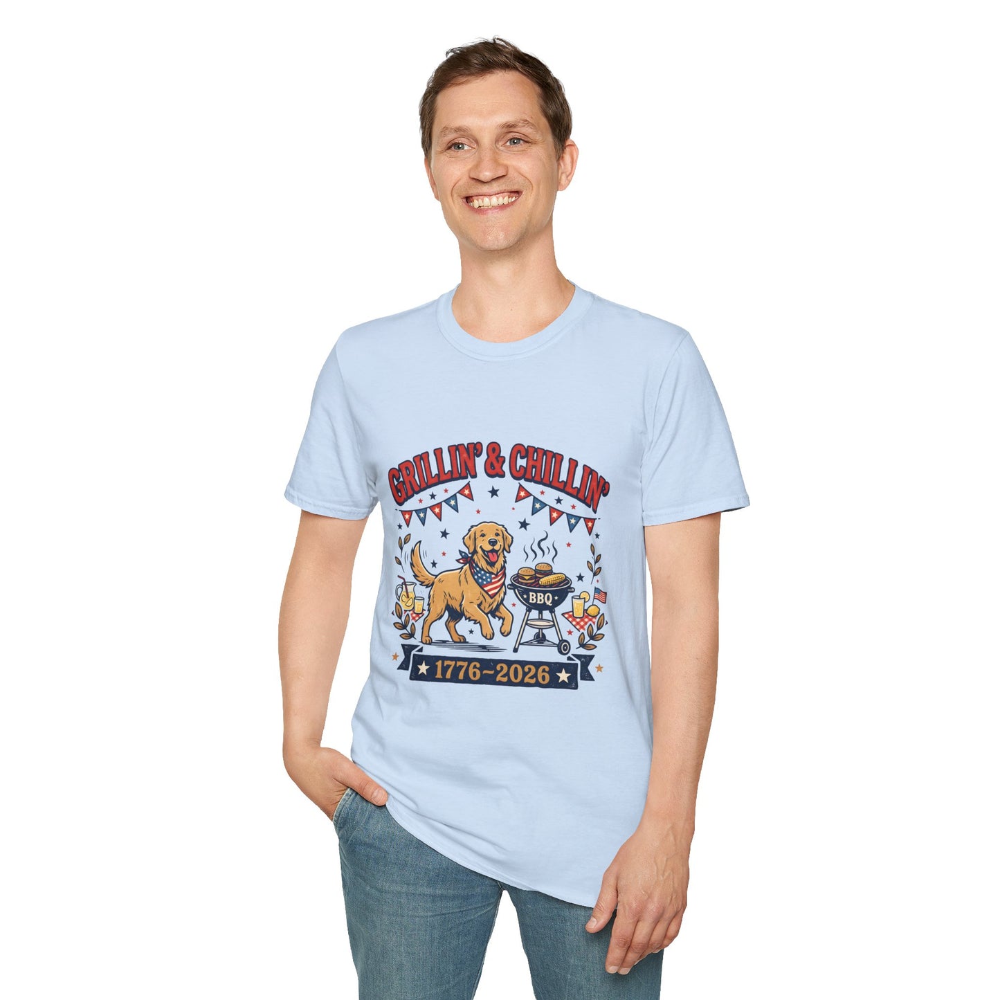 Grillin' & Chillin' BBQ Dog T-Shirt — 1776-2026 Patriotic Summer Tee, 4th of July Shirt, Independence Day Tee