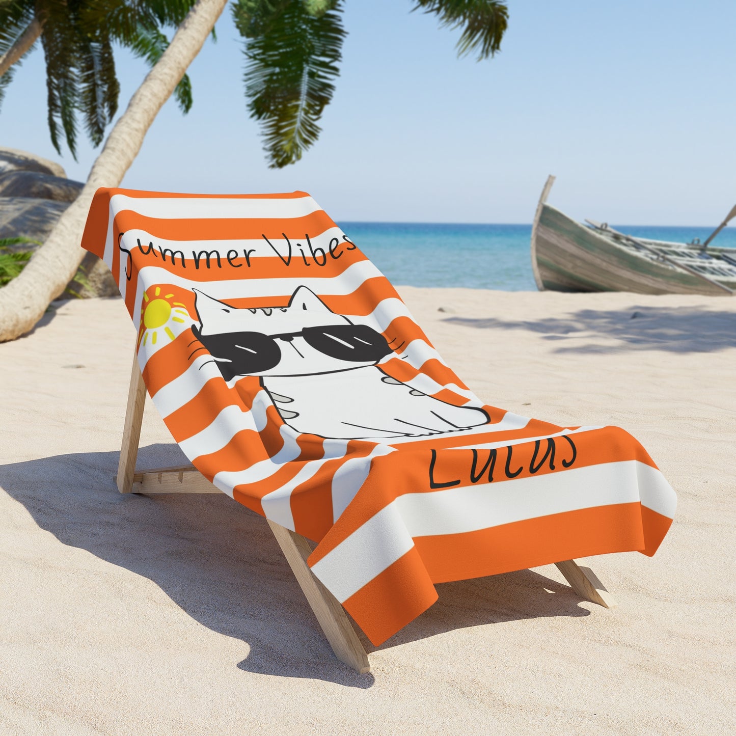 Personalized "Summer Vibes" Cat Beach Towel — Custom Name Towel