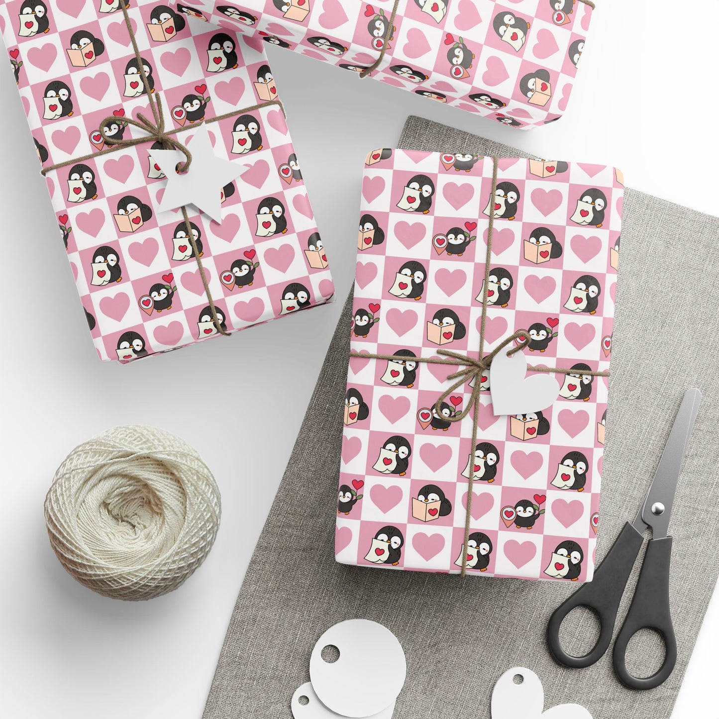 Penguin Hearts Wrapping Paper Roll — Pink Valentine Gift Wrap