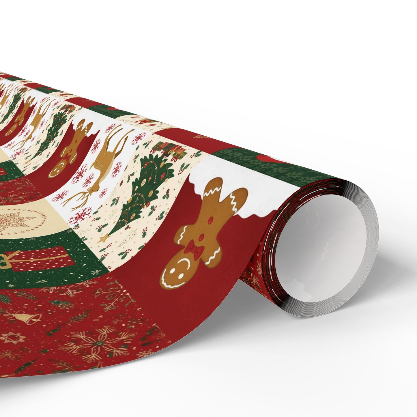 Christmas Patchwork Wrapping Paper Roll — Gingerbread, Trees & Red Green Christmas Pattern
