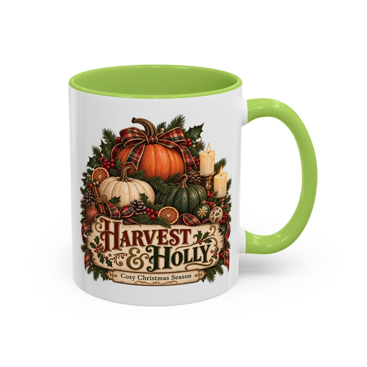Harvest & Holly Accent Coffee Mug - Vintage Christmas Holiday Mug (11 oz)