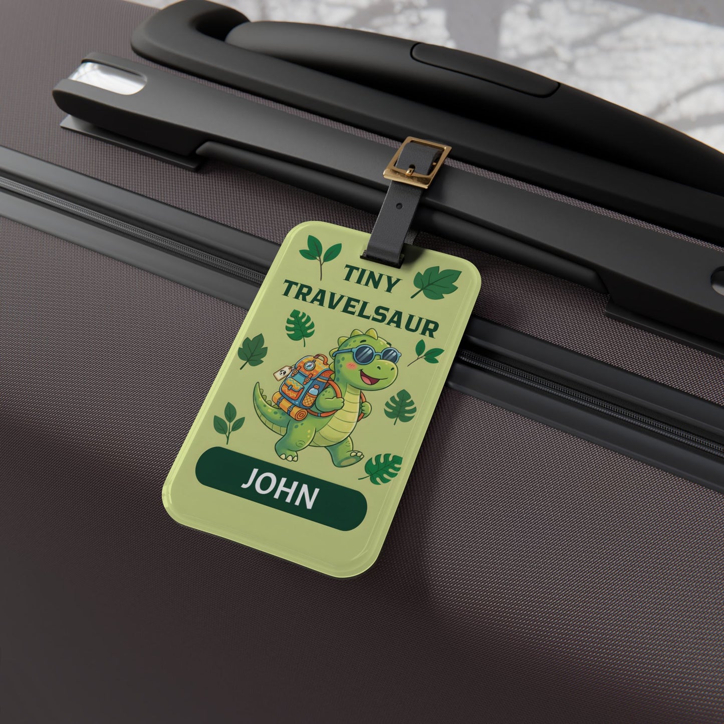 Tiny Travelsaur Luggage Tag — Personalized Kids Travel ID, Custom Travel Tag
