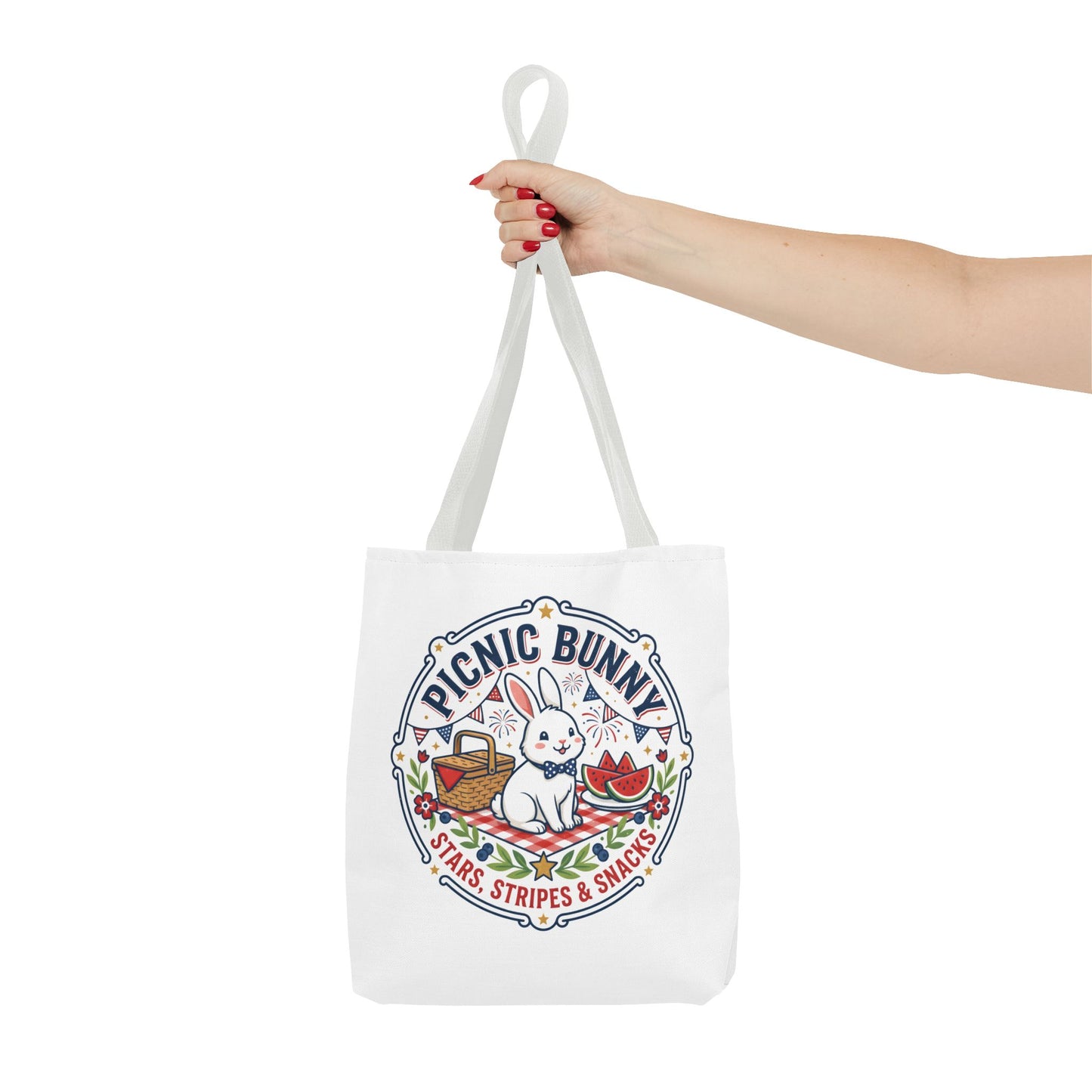 Patriotic Picnic Bunny Tote Bag — ‘Stars, Stripes & Snacks’ Cute Rabbit Picnic Tote, 4th of July Tote