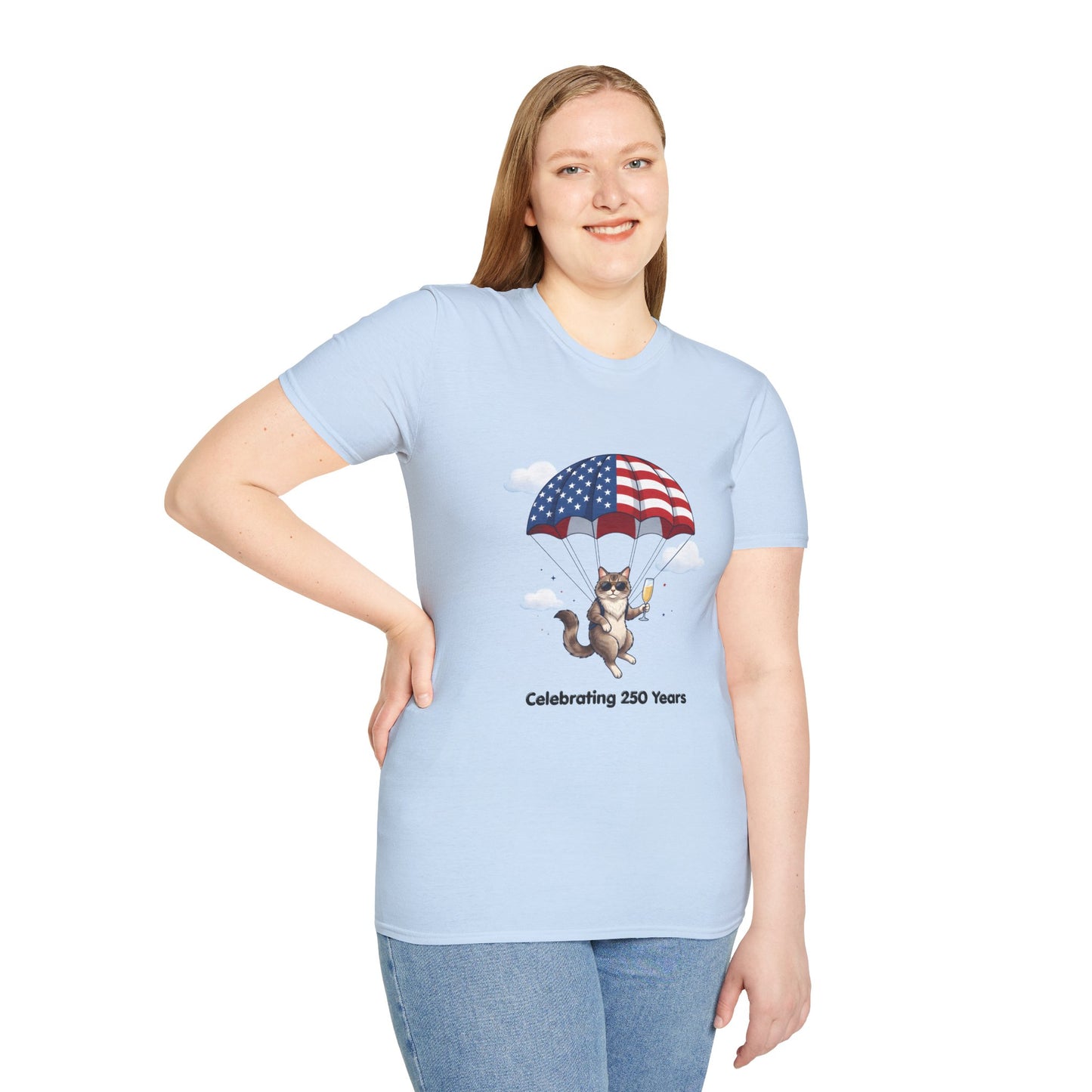 Patriotic Cat Parachute T-Shirt — "Celebrating 250 Years" 4th of July Tee