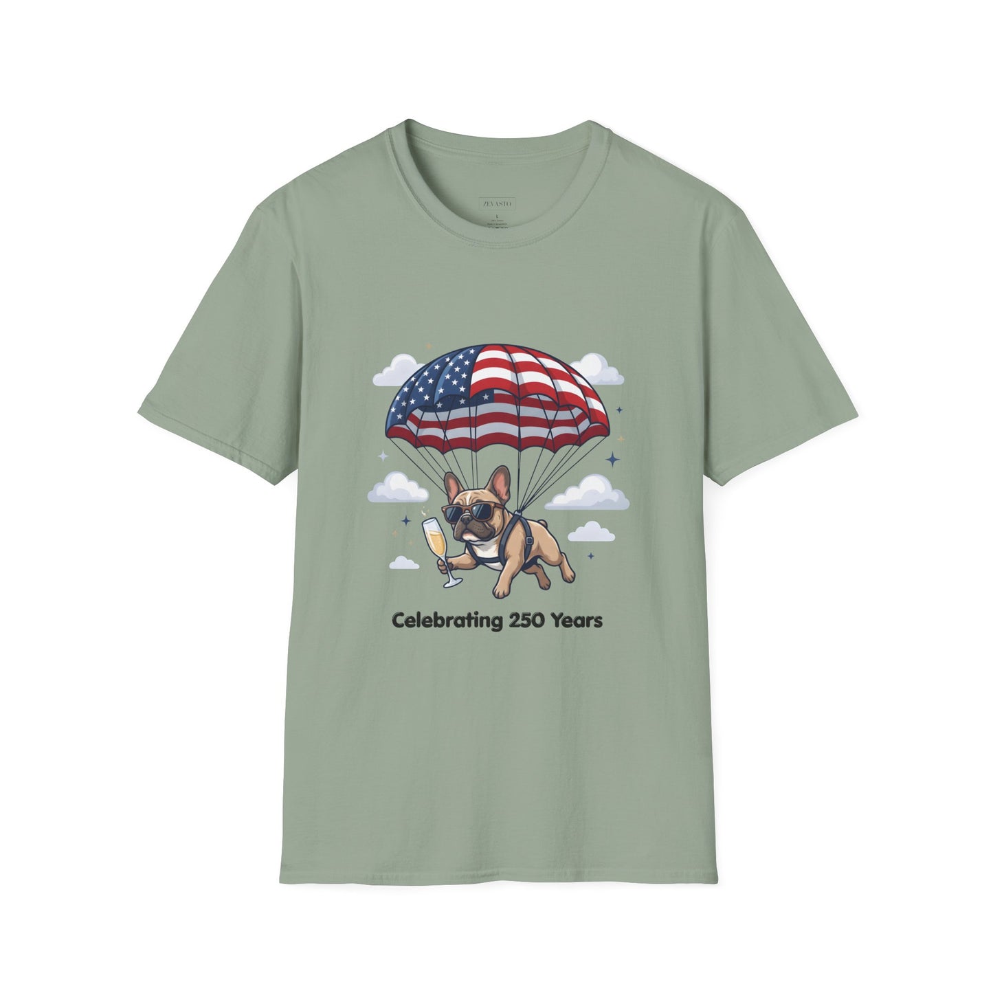 Patriotic French Bulldog T-Shirt — "Celebrating 250 Years" Parachute Design