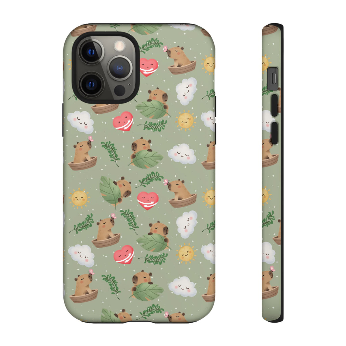 Cute Capybara Pattern Phone Case — Green Botanical Tough Case