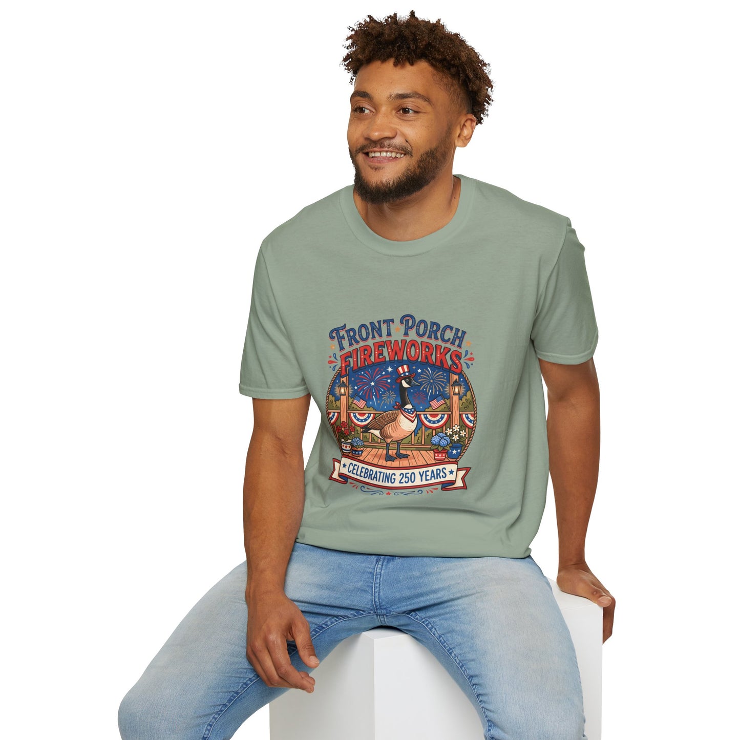 Front Porch Fireworks, Goose T-Shirt — Patriotic 4th of July Celebration Tee