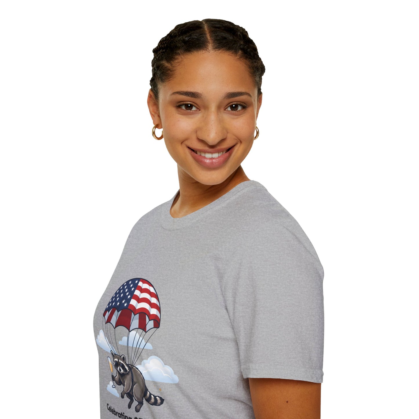 Patriotic Parachuting Raccoon T-Shirt — "Celebrating 250 Years"
