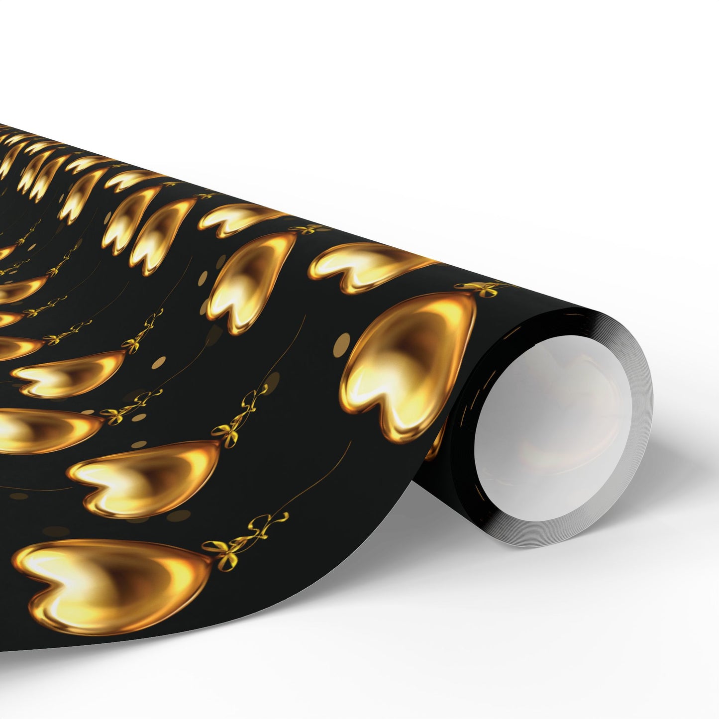 Gold Heart Pattern Wrapping Paper — Black & Metallic Gift Wrap for Valentine’s, Anniversaries, Weddings