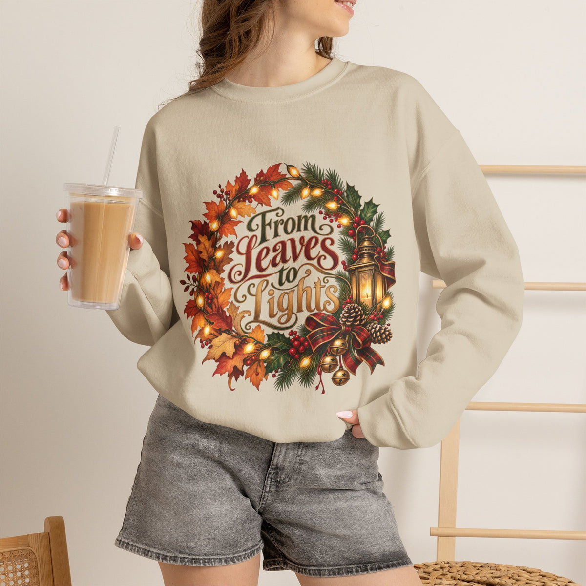 Christmas Crewneck Sweatshirt — "From Leaves to Lights" Autumn to Holiday Wreath Design