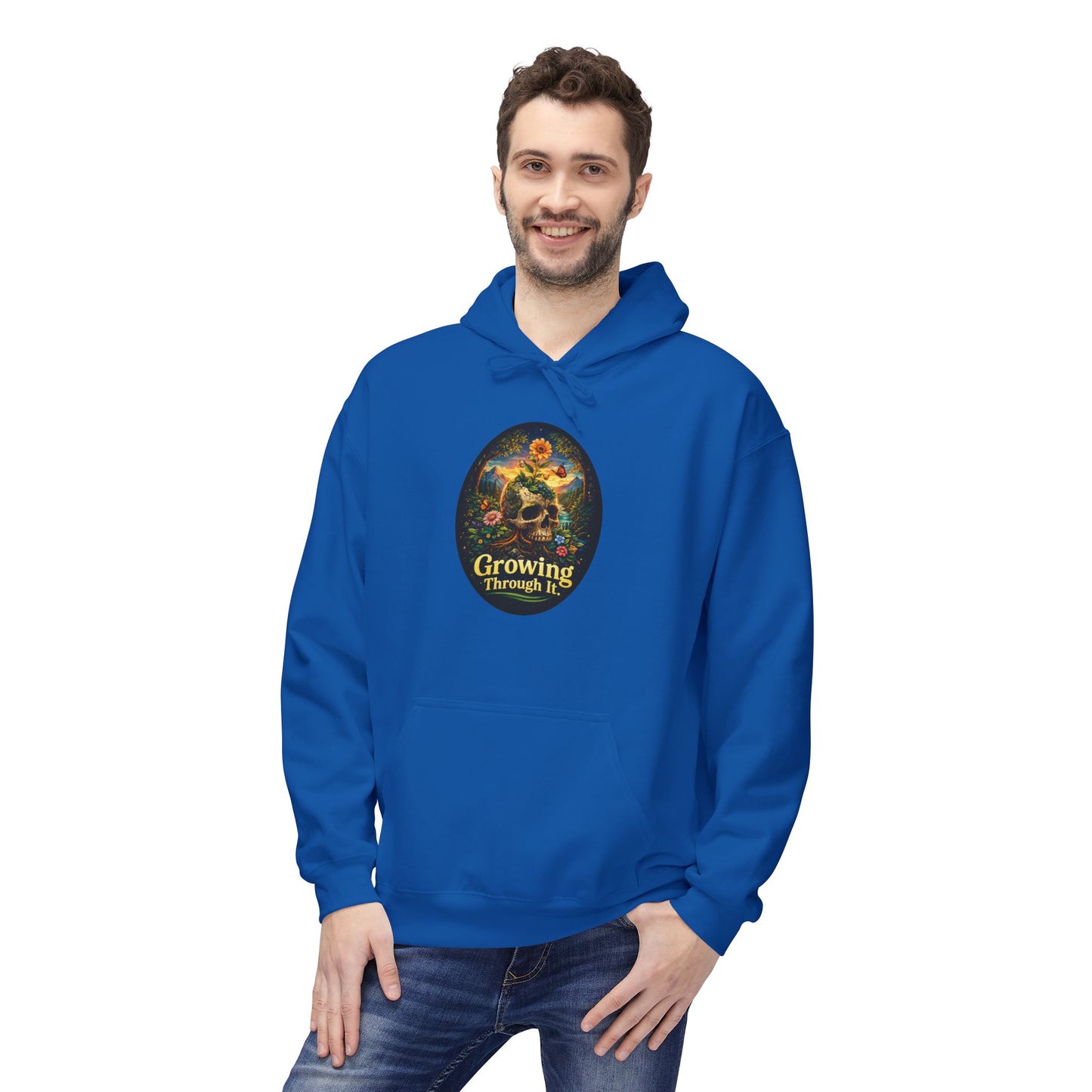 Growing Through It Hoodie – Earth Day Nature Skull Sweatshirt | Mental Growth & Healing Hoodie | Botanical Aesthetic Unisex Hoodie