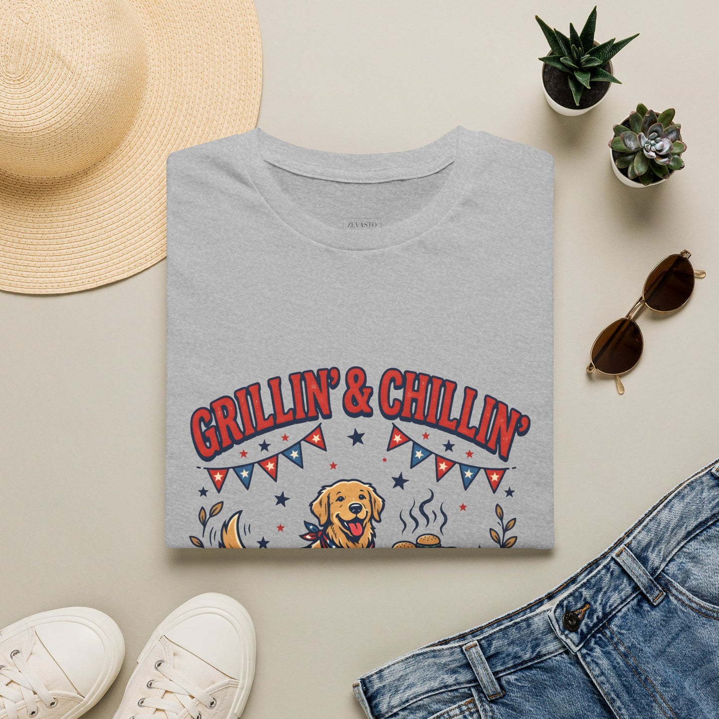 Grillin' & Chillin' BBQ Dog T-Shirt — 1776-2026 Patriotic Summer Tee, 4th of July Shirt, Independence Day Tee