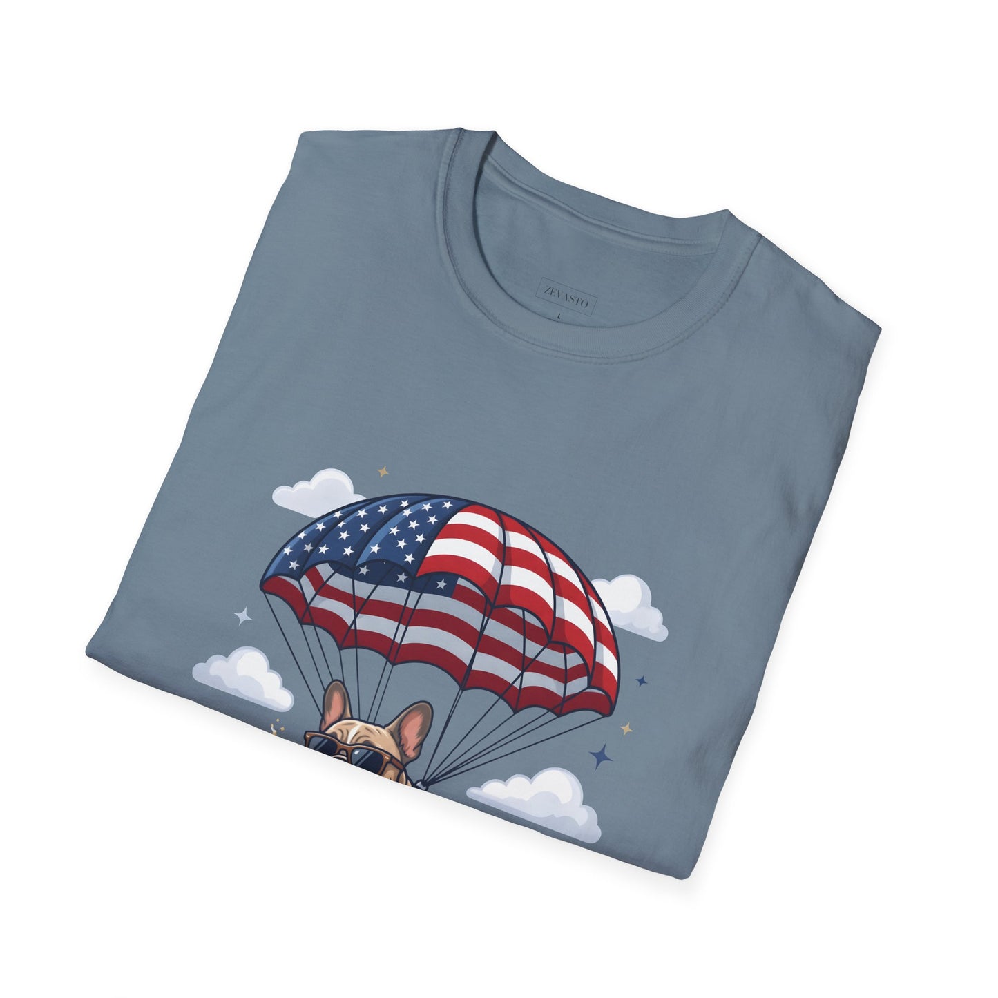 Patriotic French Bulldog T-Shirt — "Celebrating 250 Years" Parachute Design