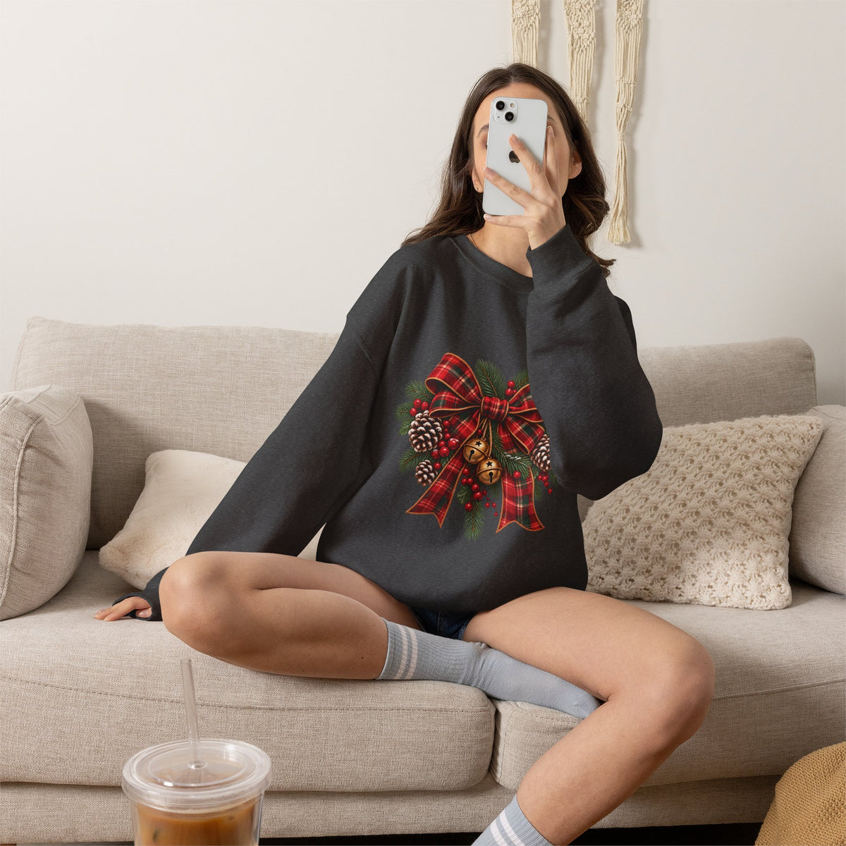 Christmas Plaid Bow Sweatshirt - Holiday Pinecone & Jingle Bells Crewneck