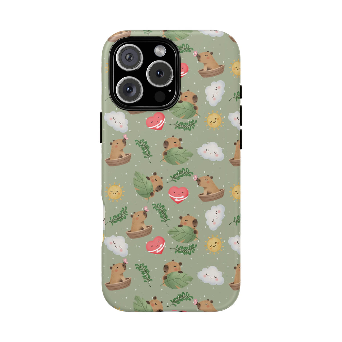 Cute Capybara Pattern Phone Case — Green Botanical Tough Case