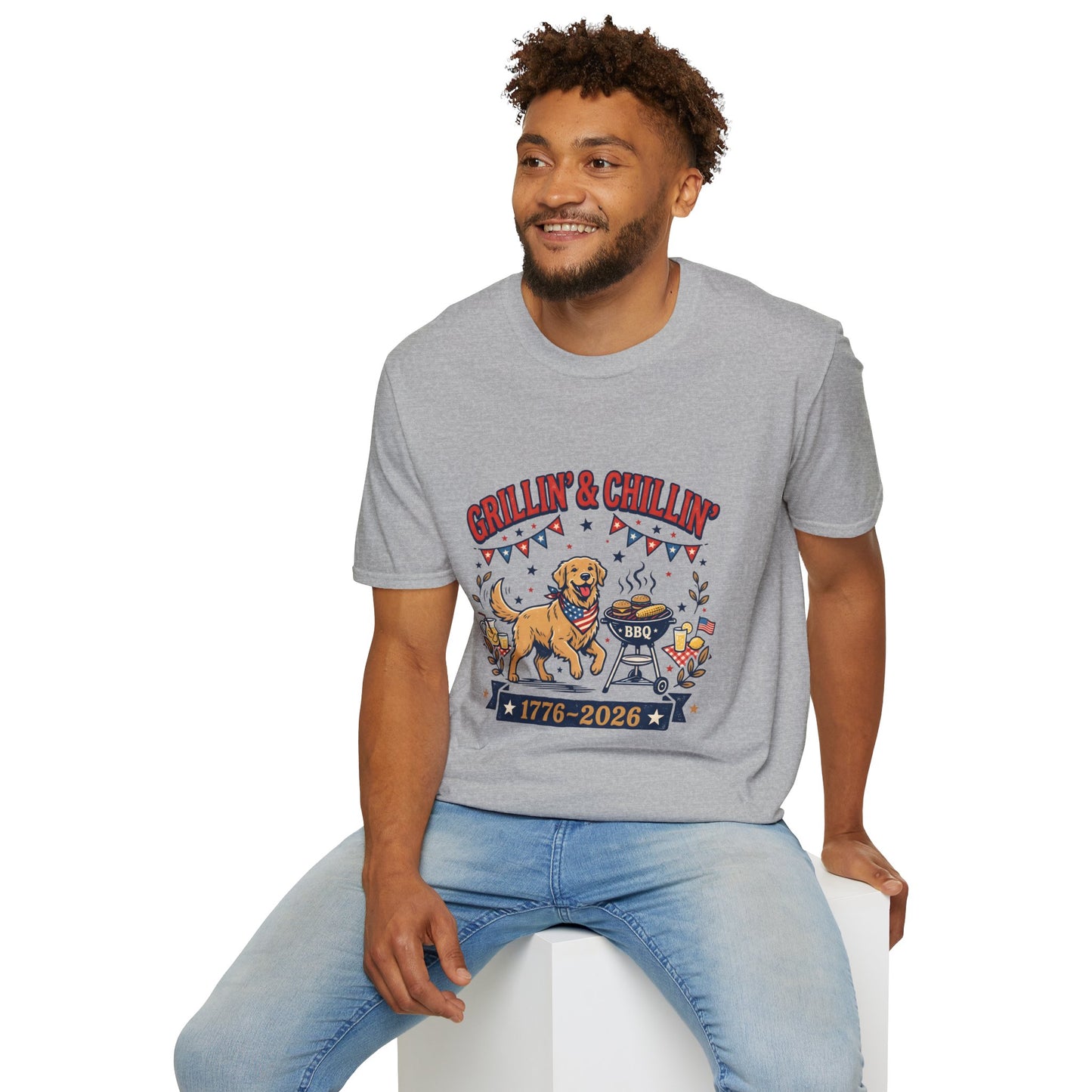 Grillin' & Chillin' BBQ Dog T-Shirt — 1776-2026 Patriotic Summer Tee, 4th of July Shirt, Independence Day Tee