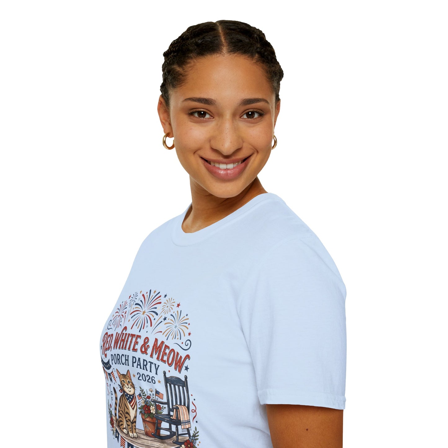 Red, White & Meow Porch Party T-Shirt — 2026 Patriotic Cat Tee, 4th of July Shirt, Independence Day Gift