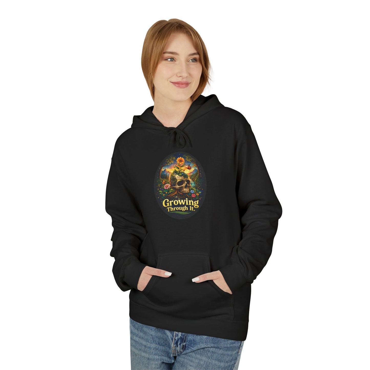 Growing Through It Hoodie – Earth Day Nature Skull Sweatshirt | Mental Growth & Healing Hoodie | Botanical Aesthetic Unisex Hoodie