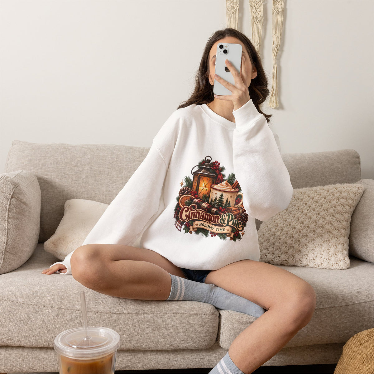 Cinnamon & Pine Crewneck Sweatshirt — Cozy Holiday Lantern Design Sweatshirt