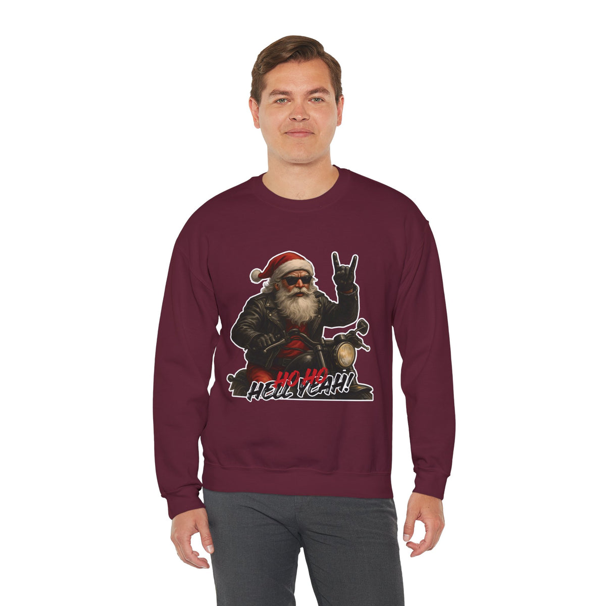 Santa Biker Crewneck Sweatshirt – 'Ho Ho Hell Yeah' Christmas Motorcycle Pullover