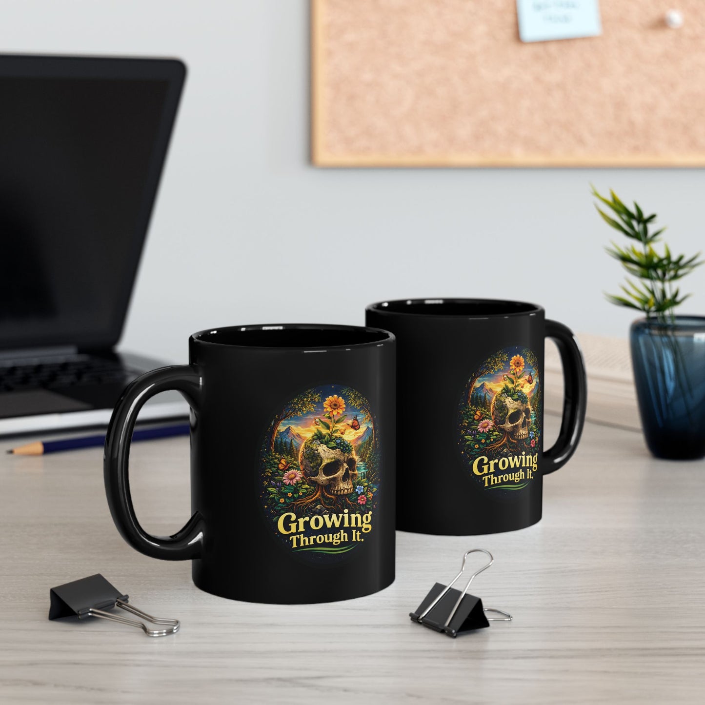 Growing Through It Black Mug – Earth Day Nature Skull Coffee Cup | Mental Growth & Healing Mug | Dark Botanical Aesthetic (11oz)