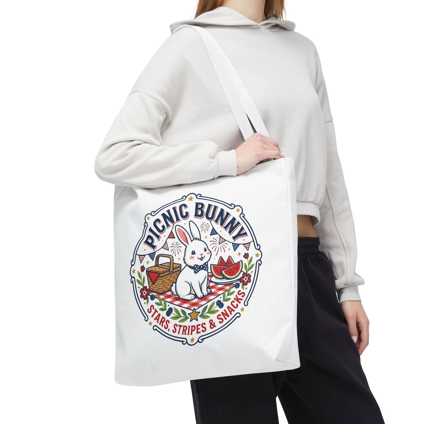 Patriotic Picnic Bunny Tote Bag — ‘Stars, Stripes & Snacks’ Cute Rabbit Picnic Tote, 4th of July Tote