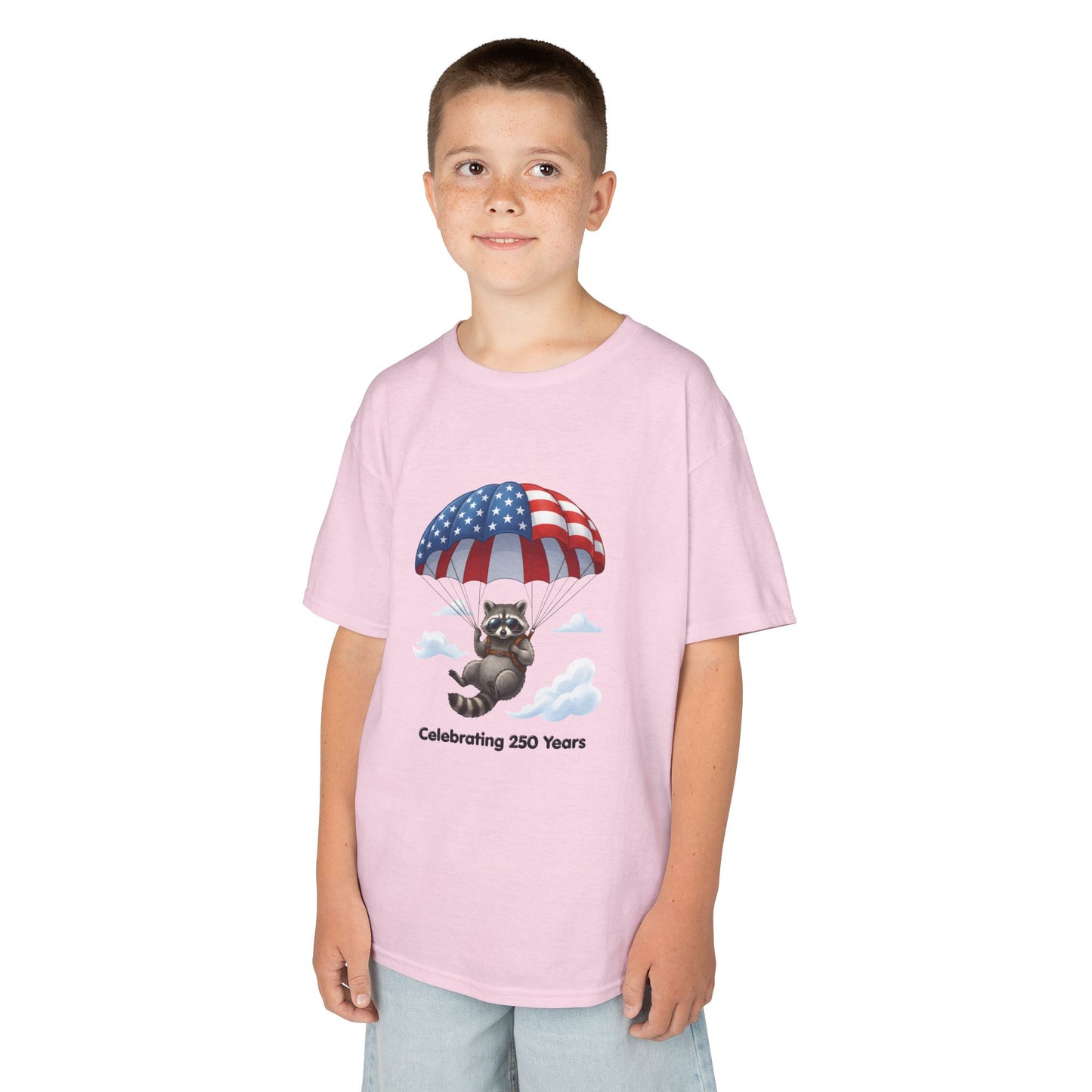 Kids T-Shirt — Patriotic Raccoon Parachute “Celebrating 250 Years”