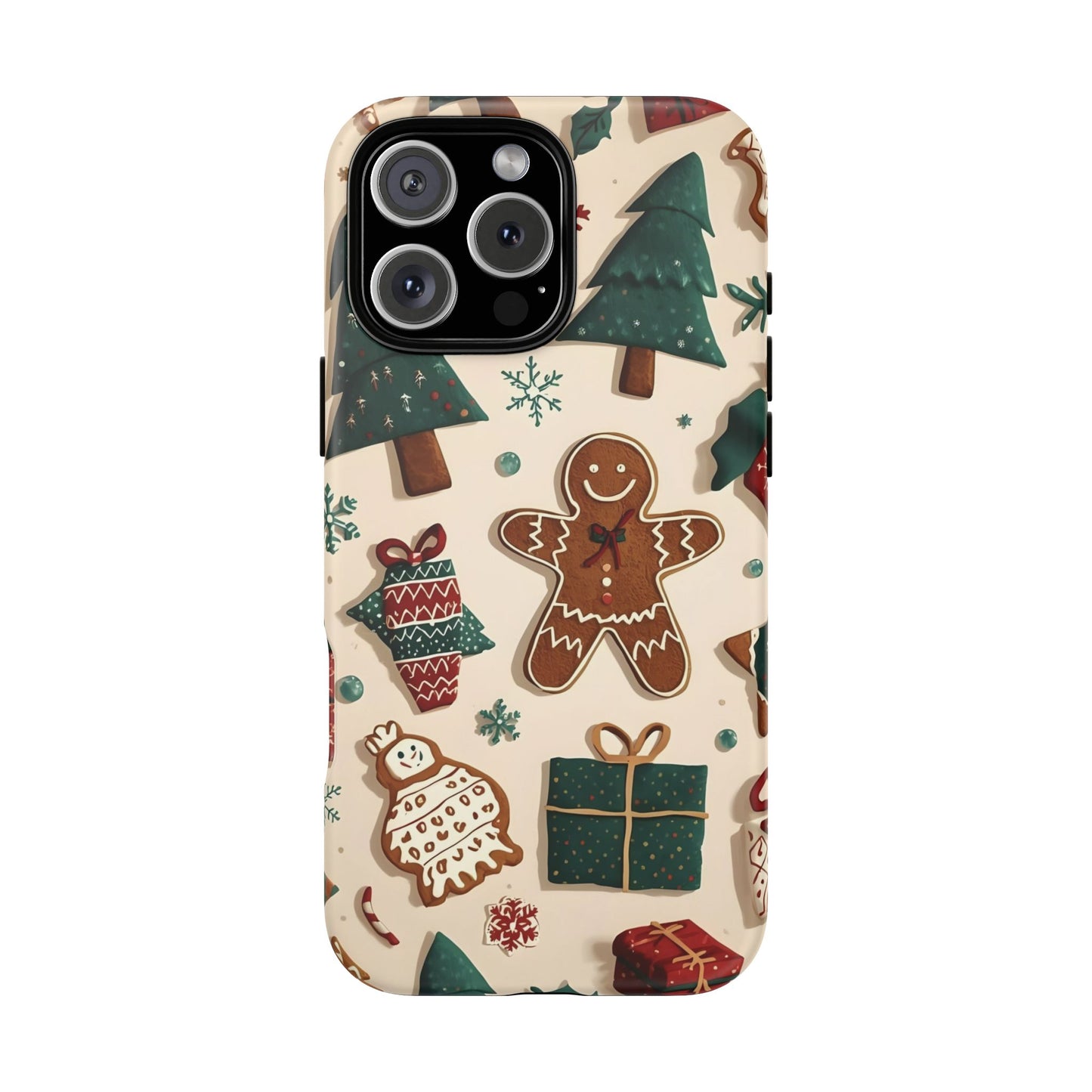 Christmas Phone Case with Gingerbread and Christmas Tree Design, Dual Layer Case for Iphone 17, 16, 15, 14, 13, 12, 11 & Samsung