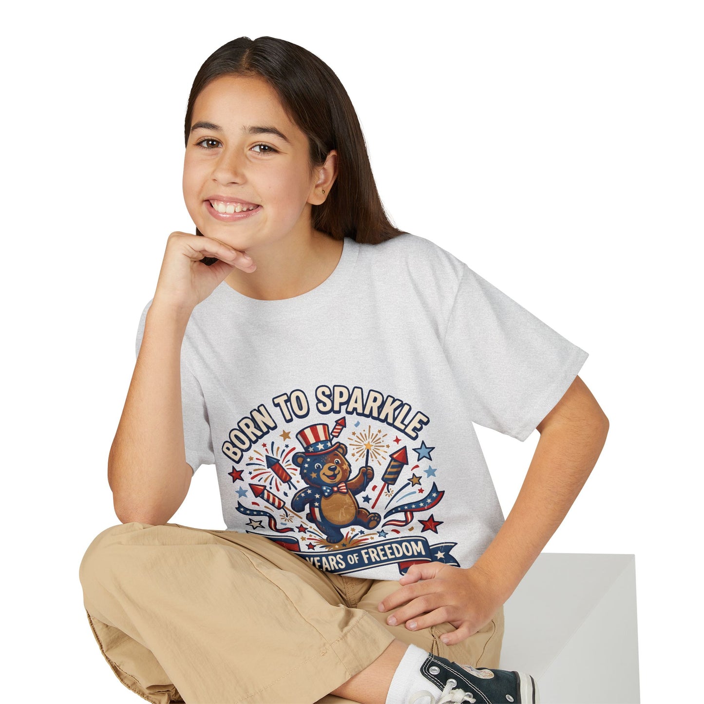 Patriotic Youth T-Shirt — "Born to Sparkle: 250 Years of Freedom" Patriotic Bear Tee