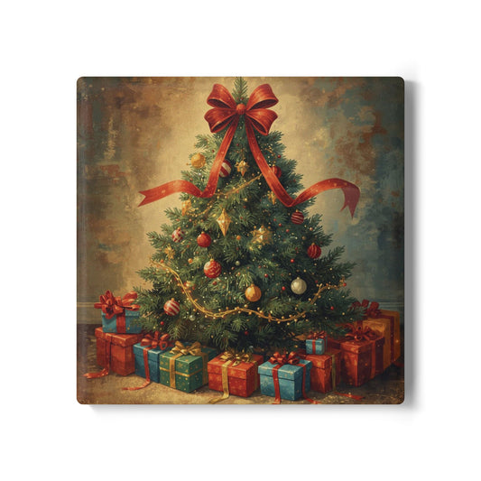 Vintage Christmas Tree Ceramic Coaster, Gift for Coffee Lovers